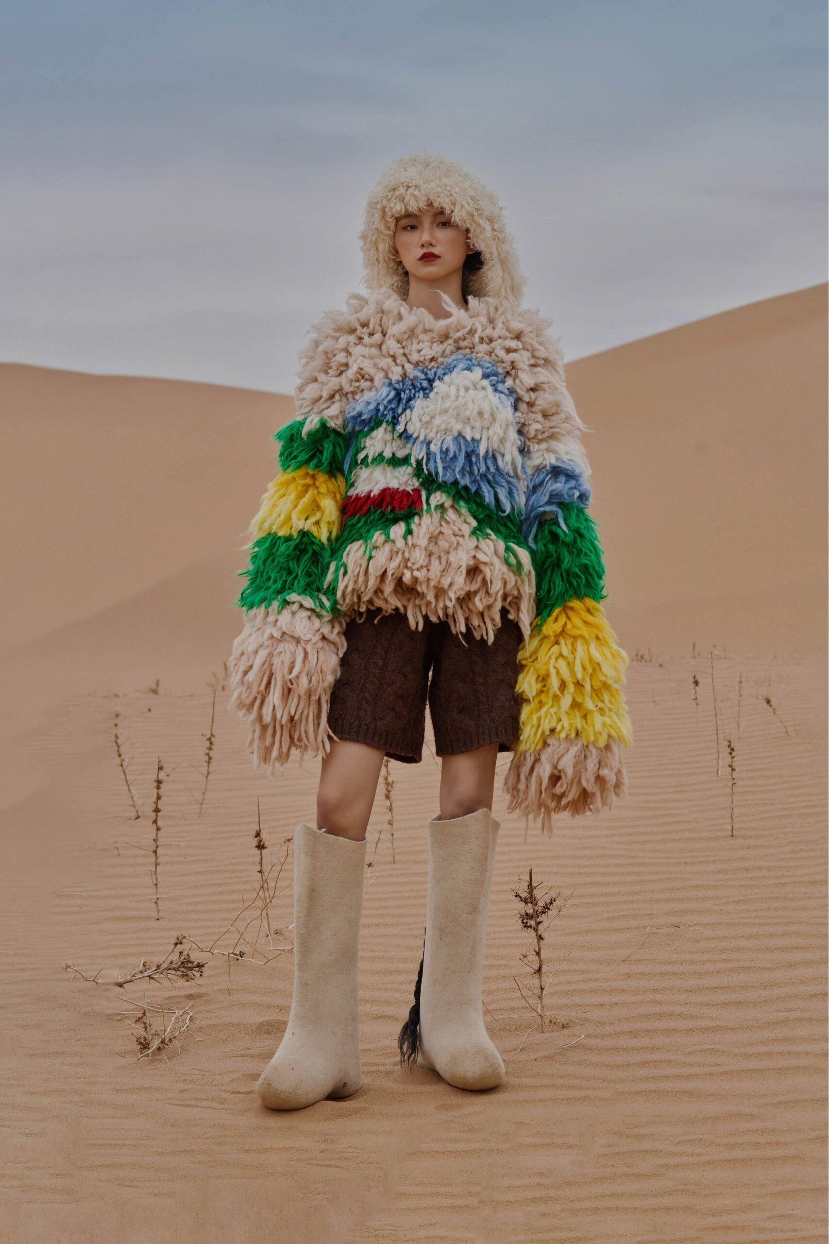 beige wool long-sleeve hooded oversized layered fringed sweater