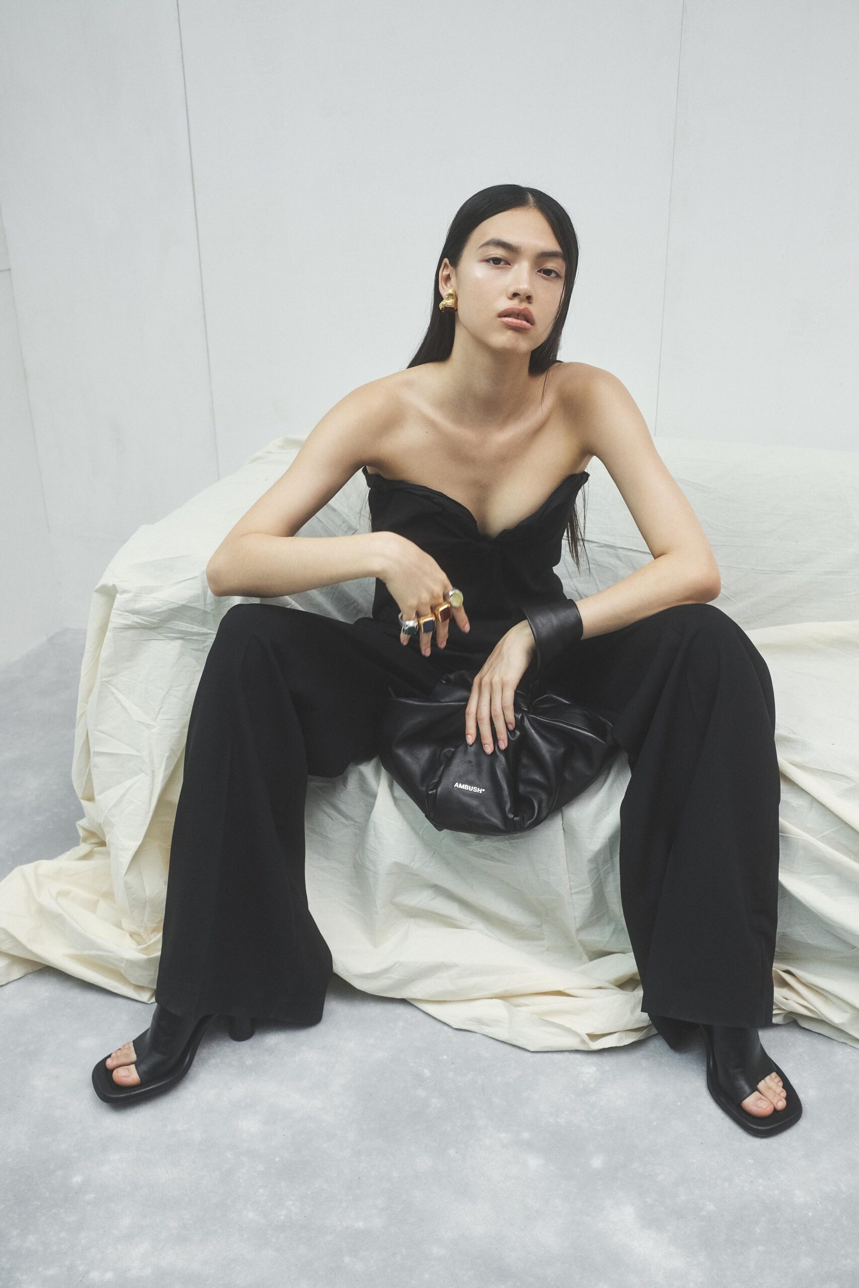 black fitted strapless jumpsuit