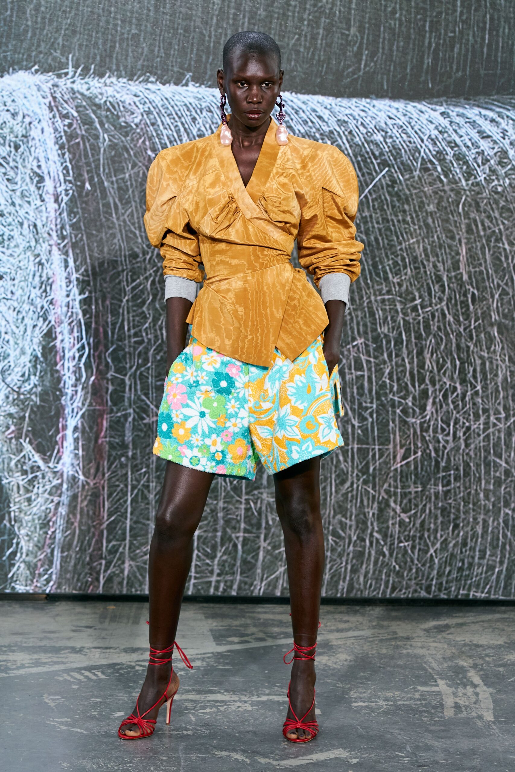gold silk long-sleeve collared fitted pleated belted blouse