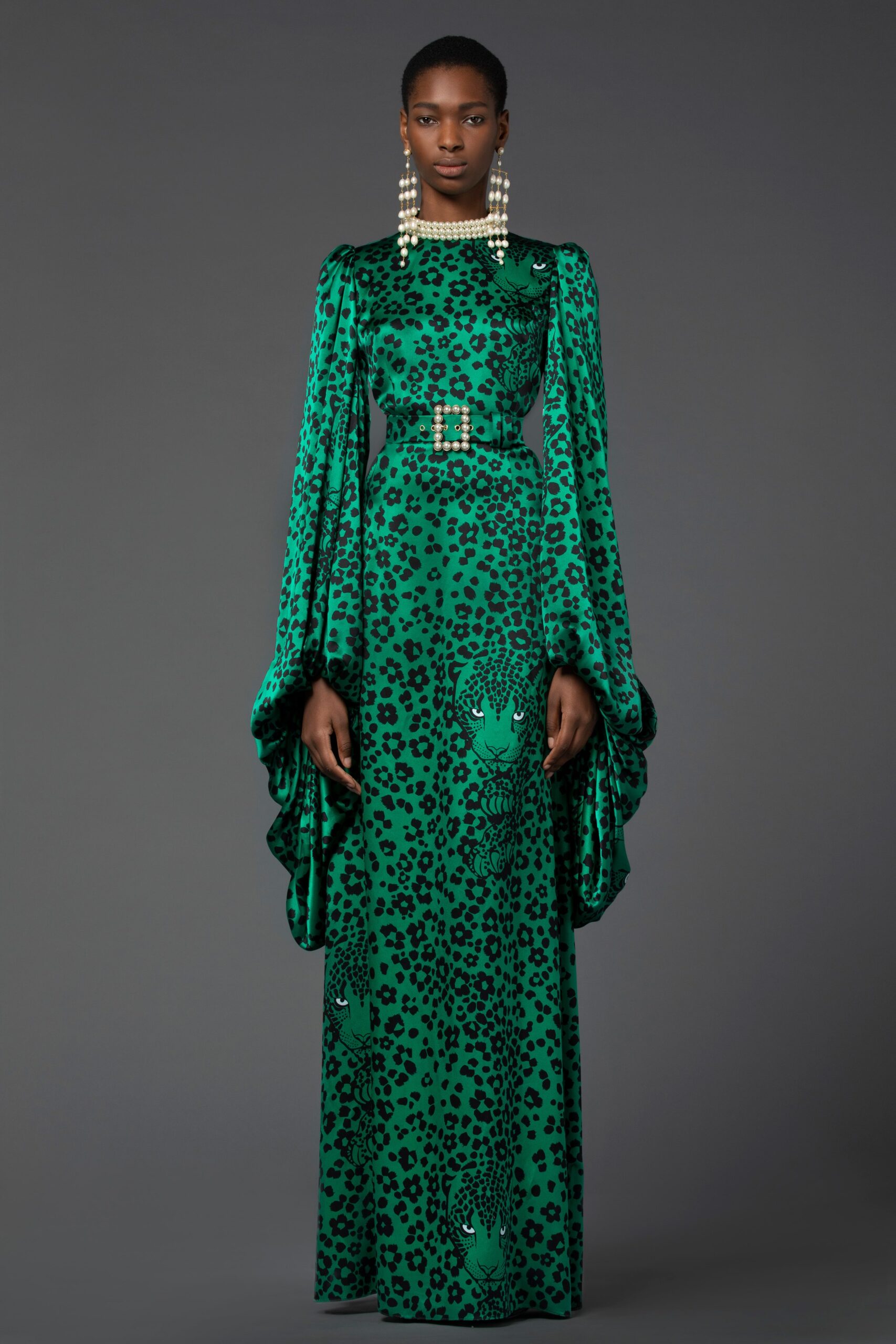 green printed long-sleeve gown