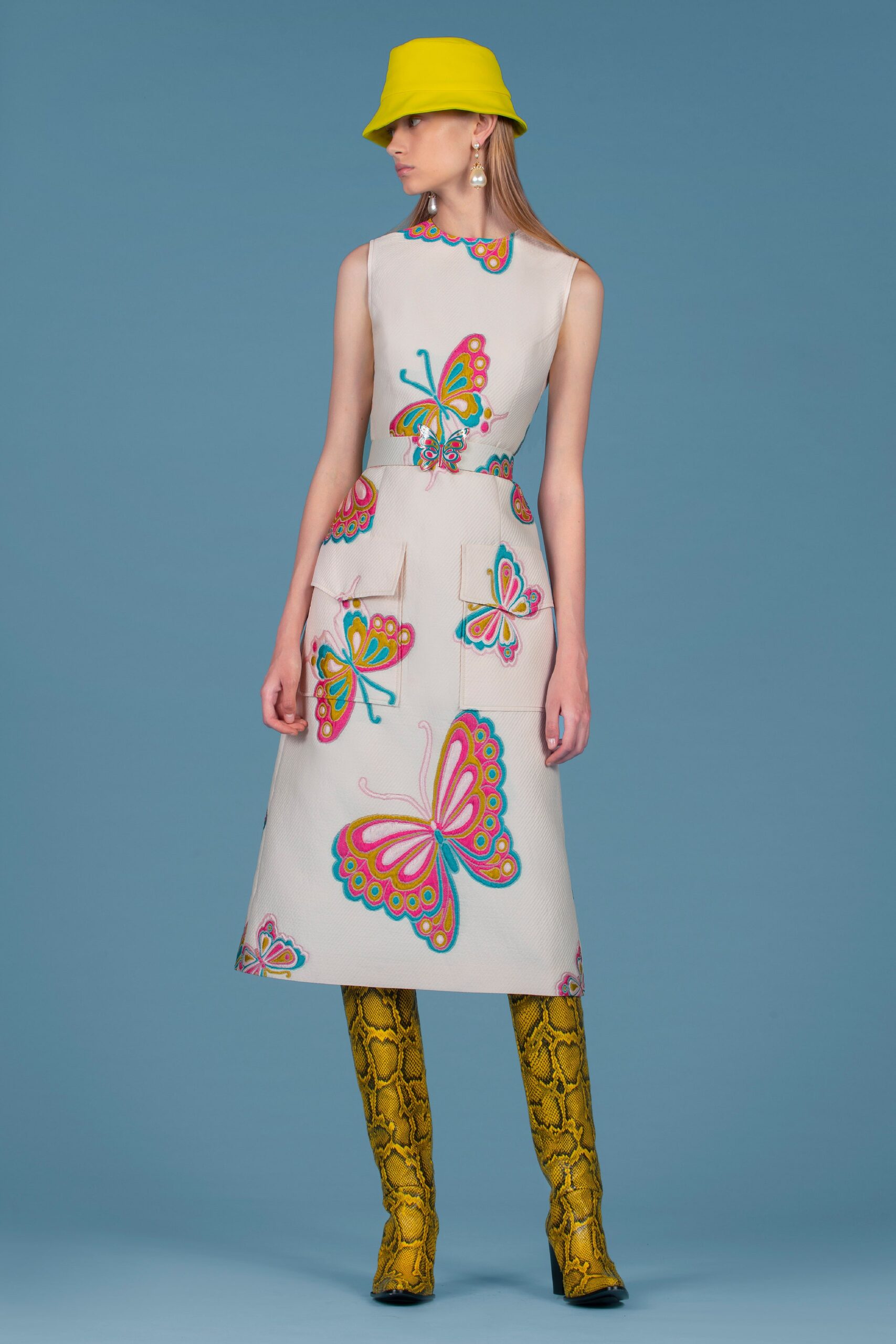 yellow vinyl fitted animal-print shiny boots