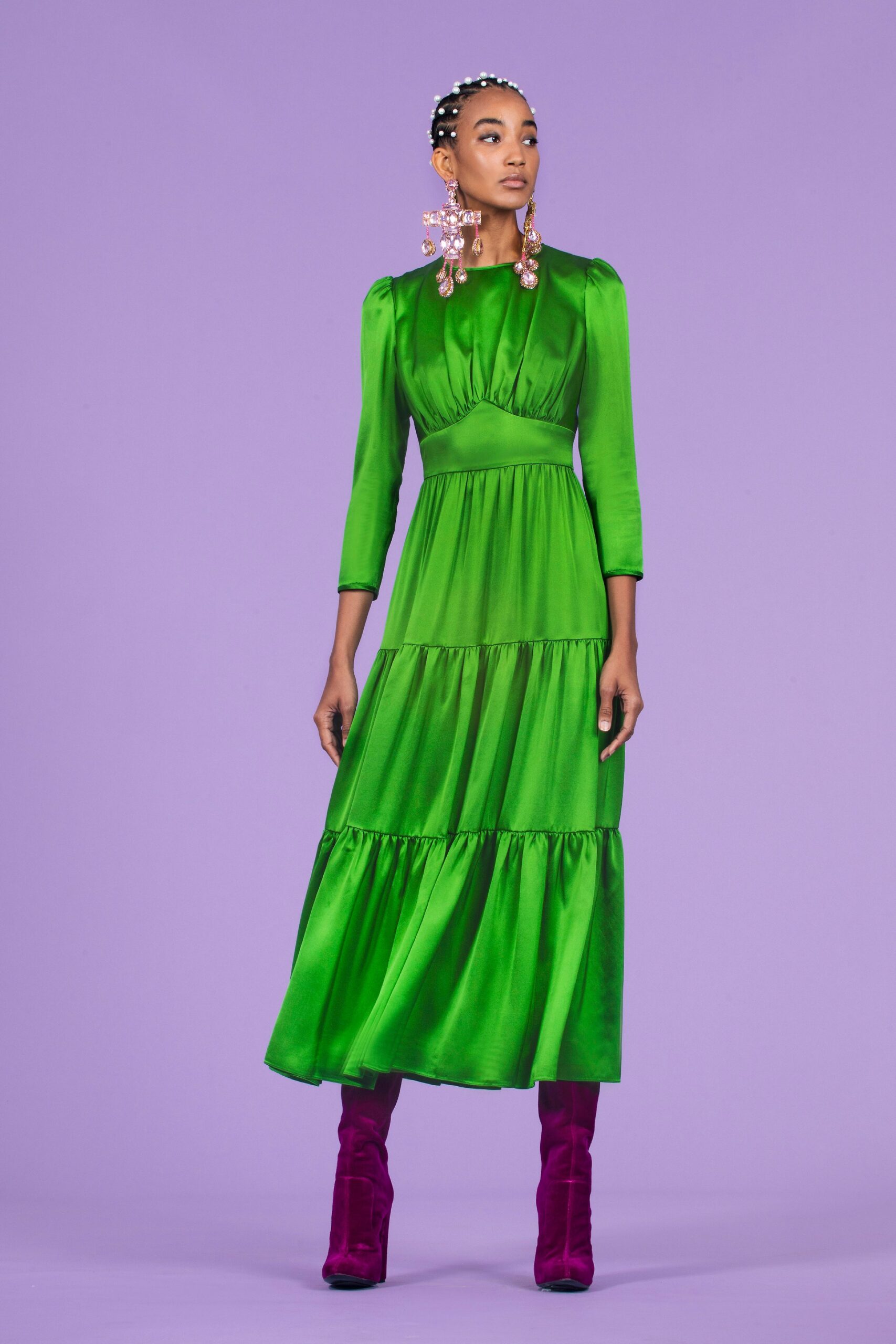 green silk long-sleeve tiered dress