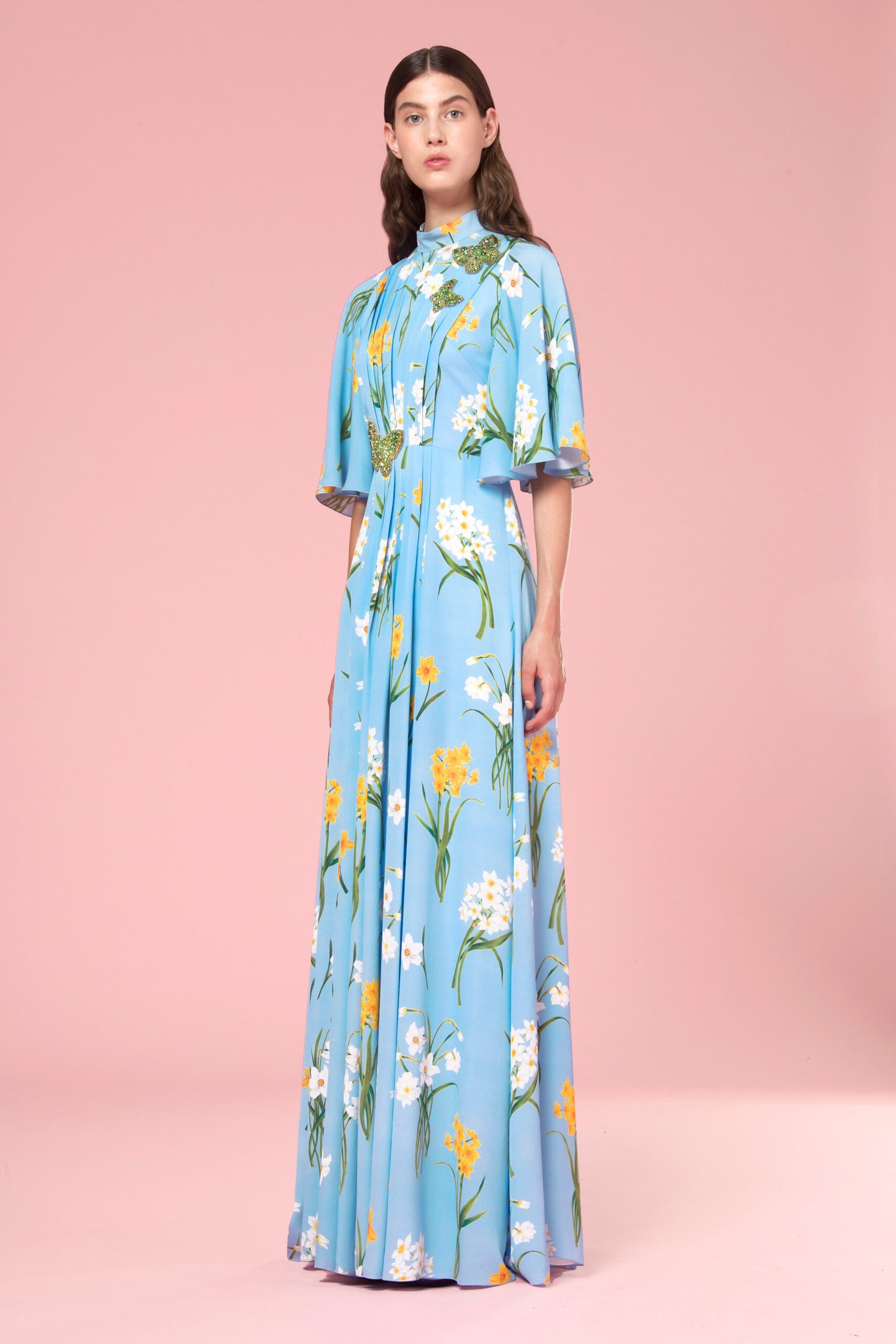blue floral silk gown