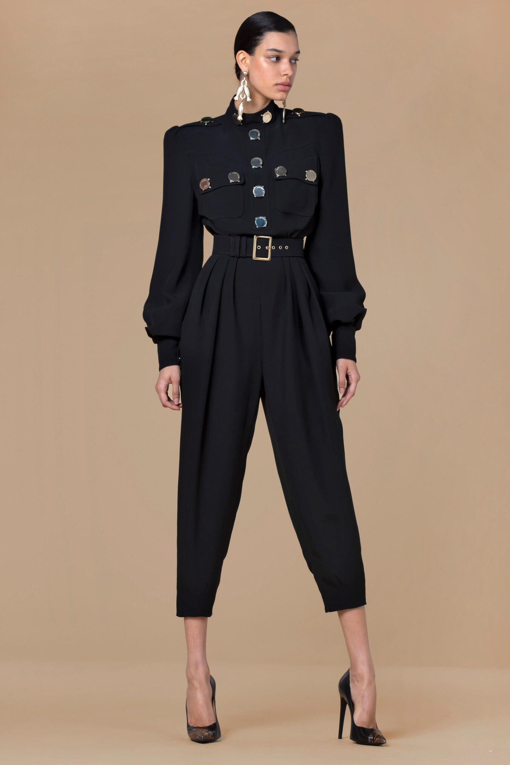 black fitted jumpsuit with collar