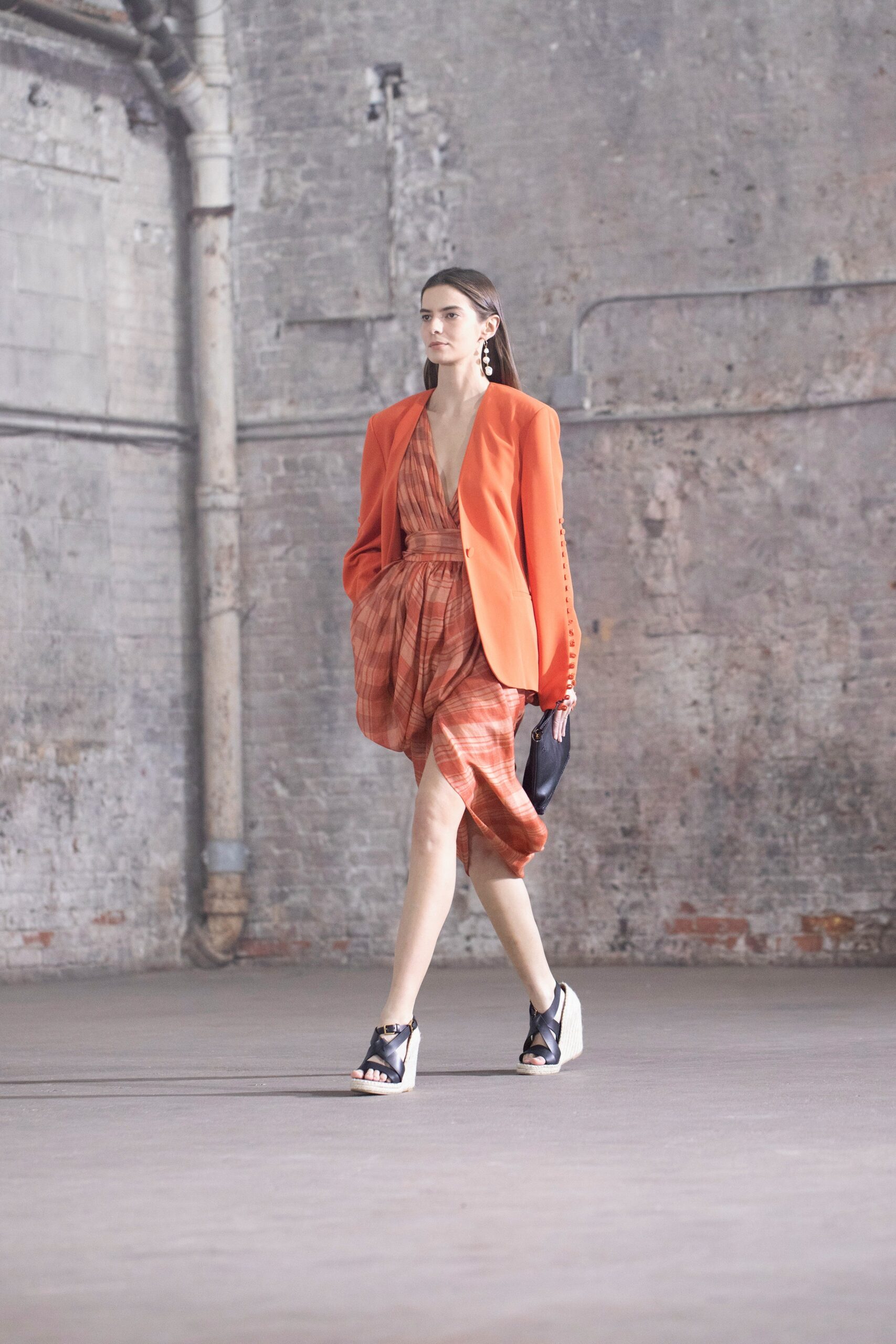 orange tailored blazer with multi dress