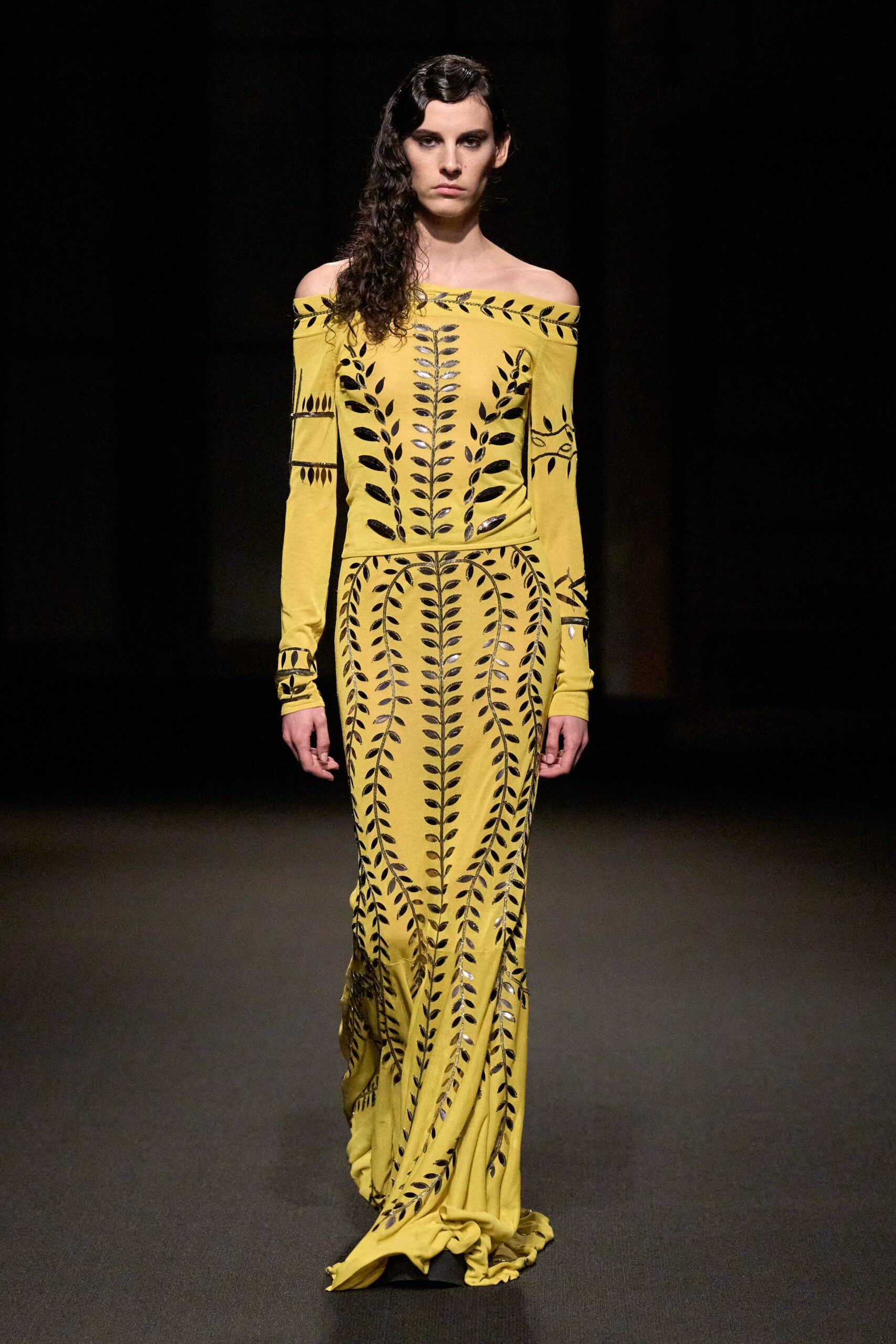 yellow embroidered off-shoulder gown