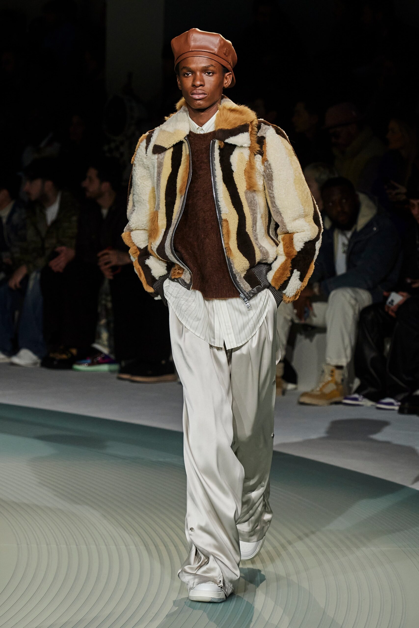 brown striped fur jacket with sweater