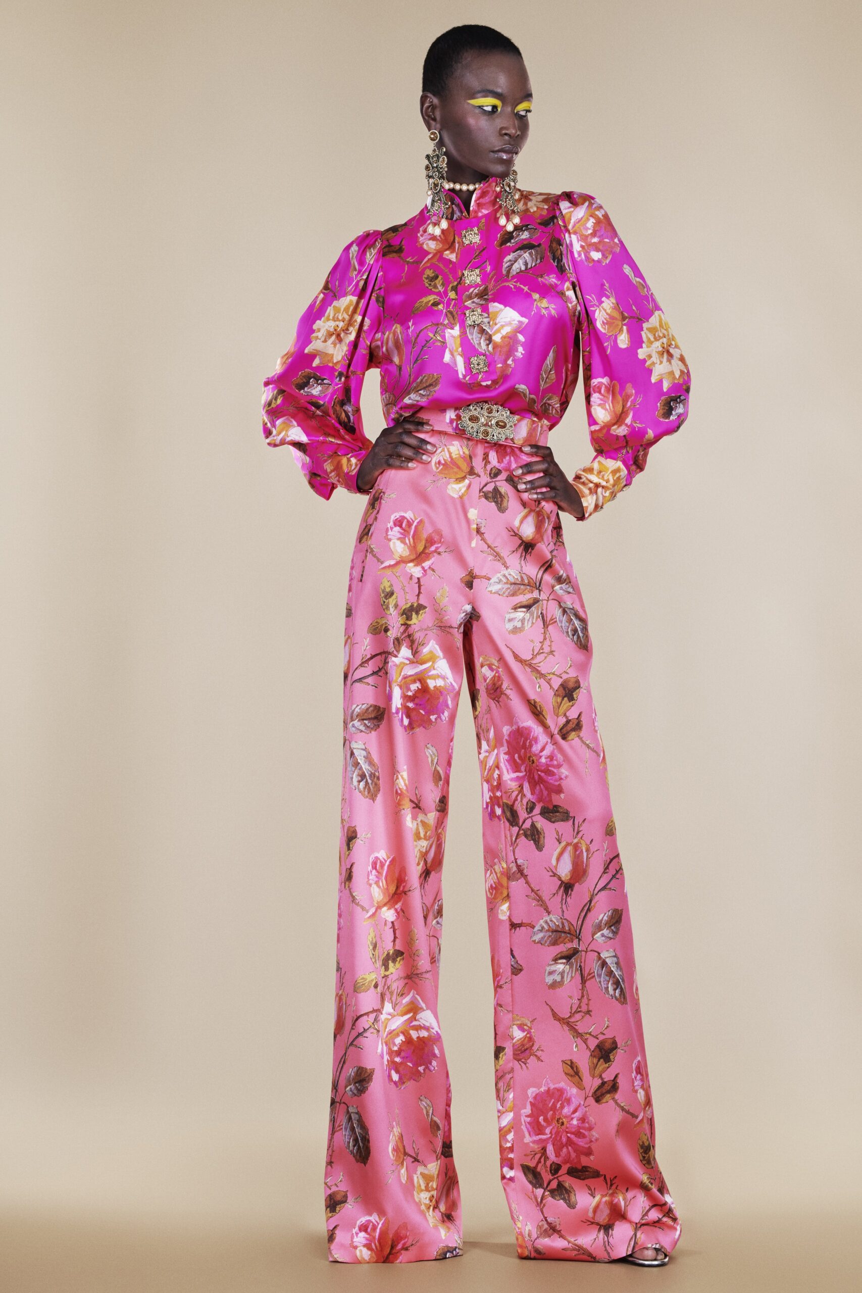 pink silk embroidered top and flared pants