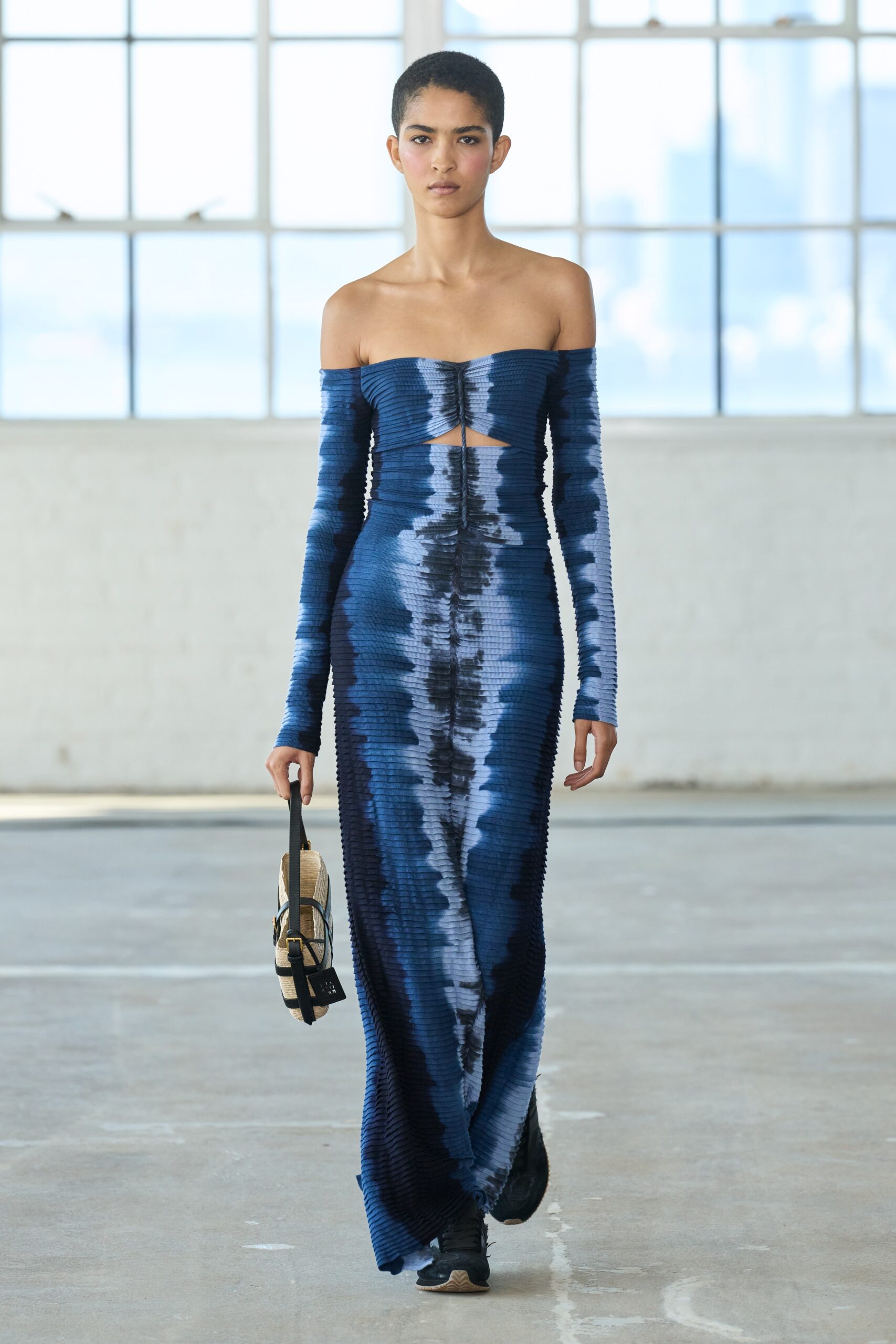 blue fitted off-shoulder dress