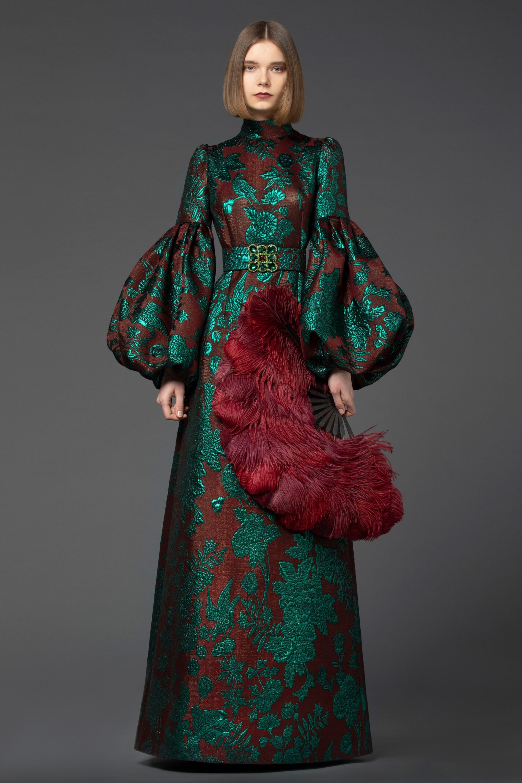 green and red embroidered gown