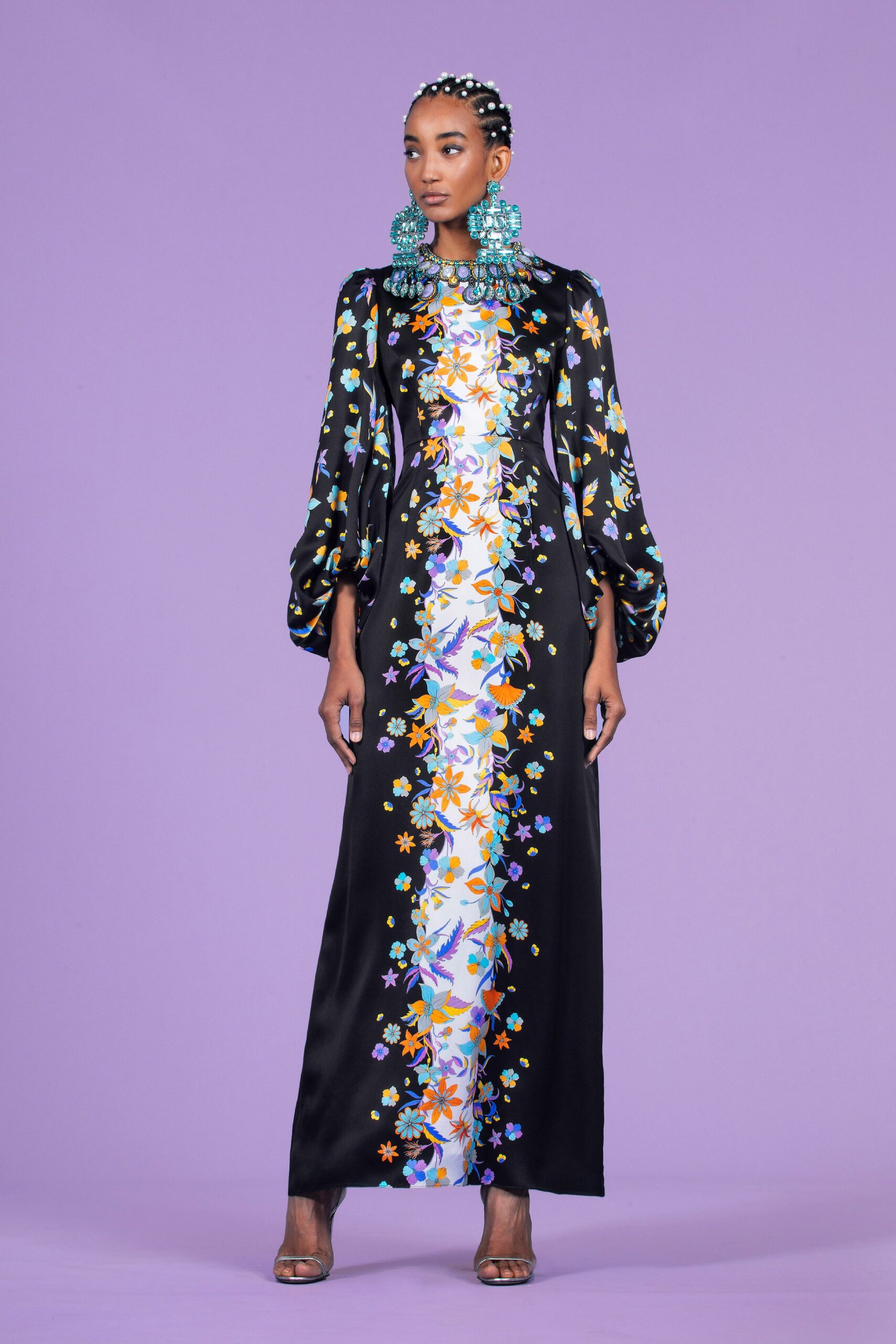 black silk floral gown