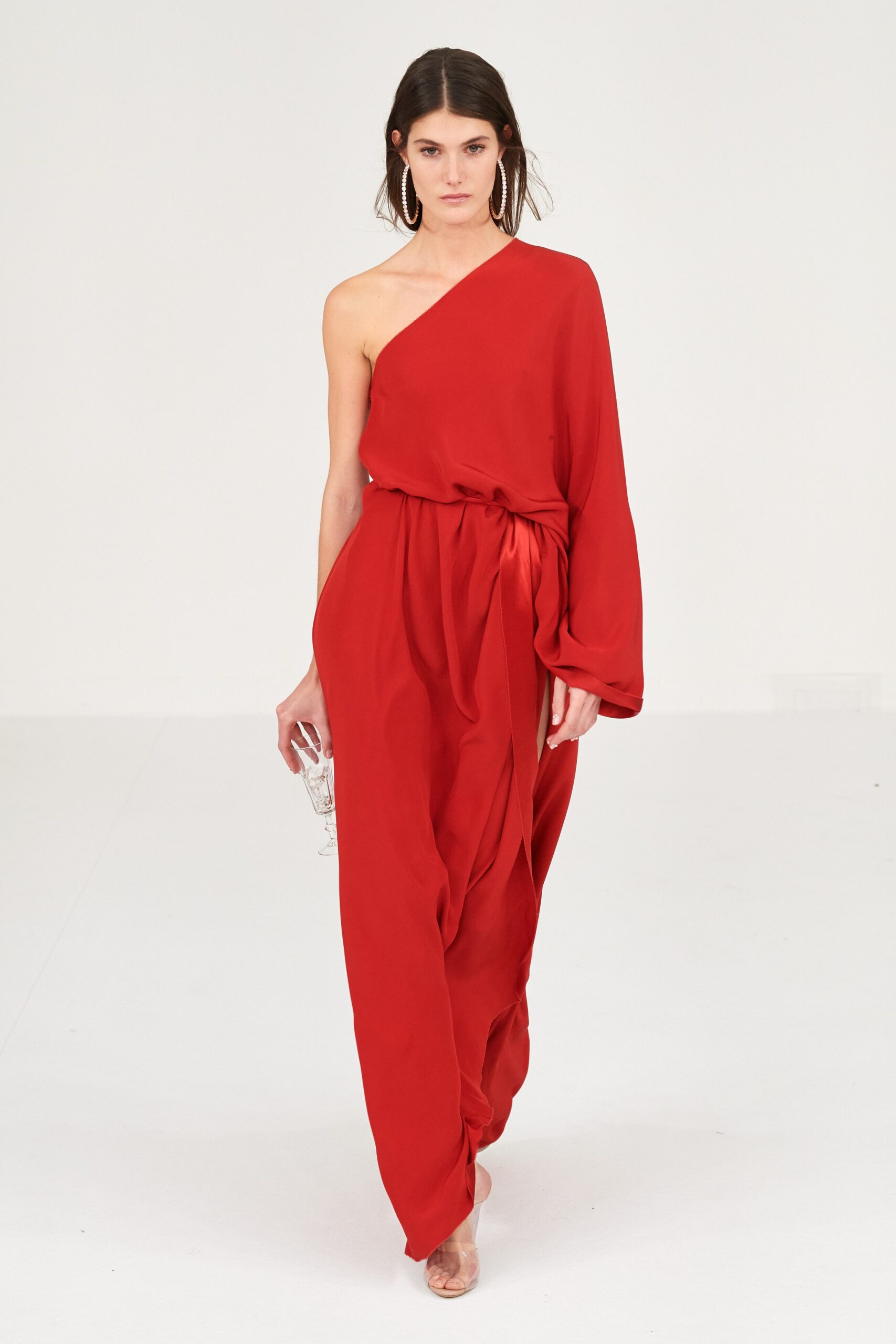 red silk asymmetric gown