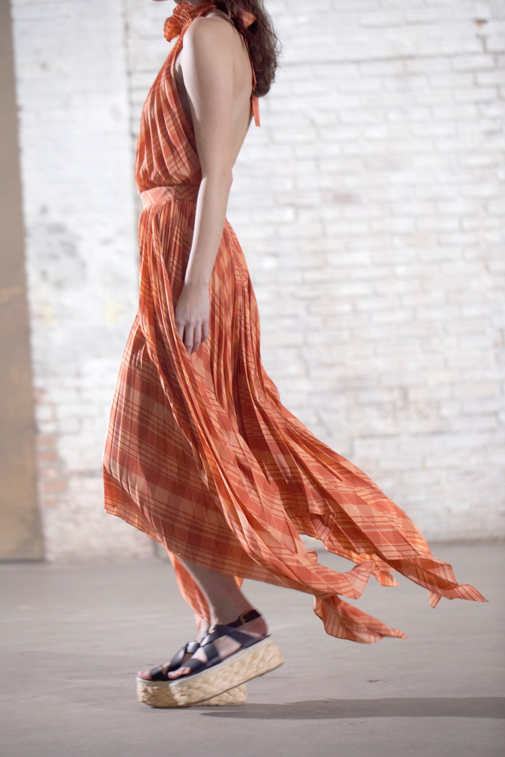 orange pleated maxi dress