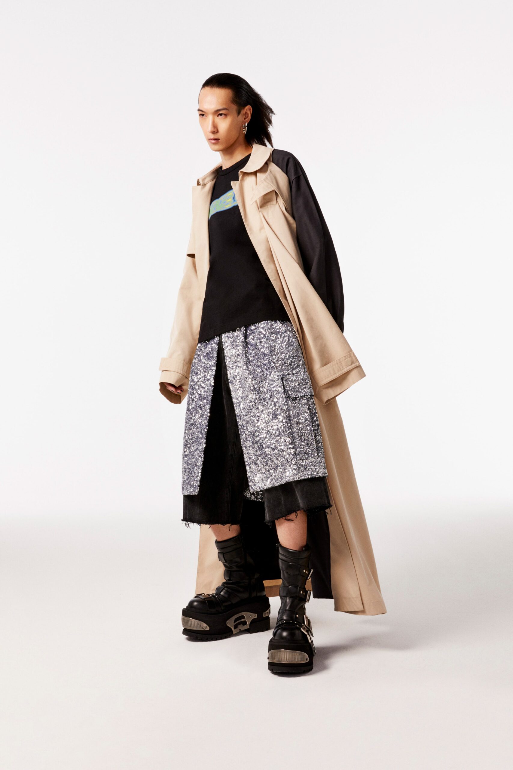 beige coat with black t-shirt