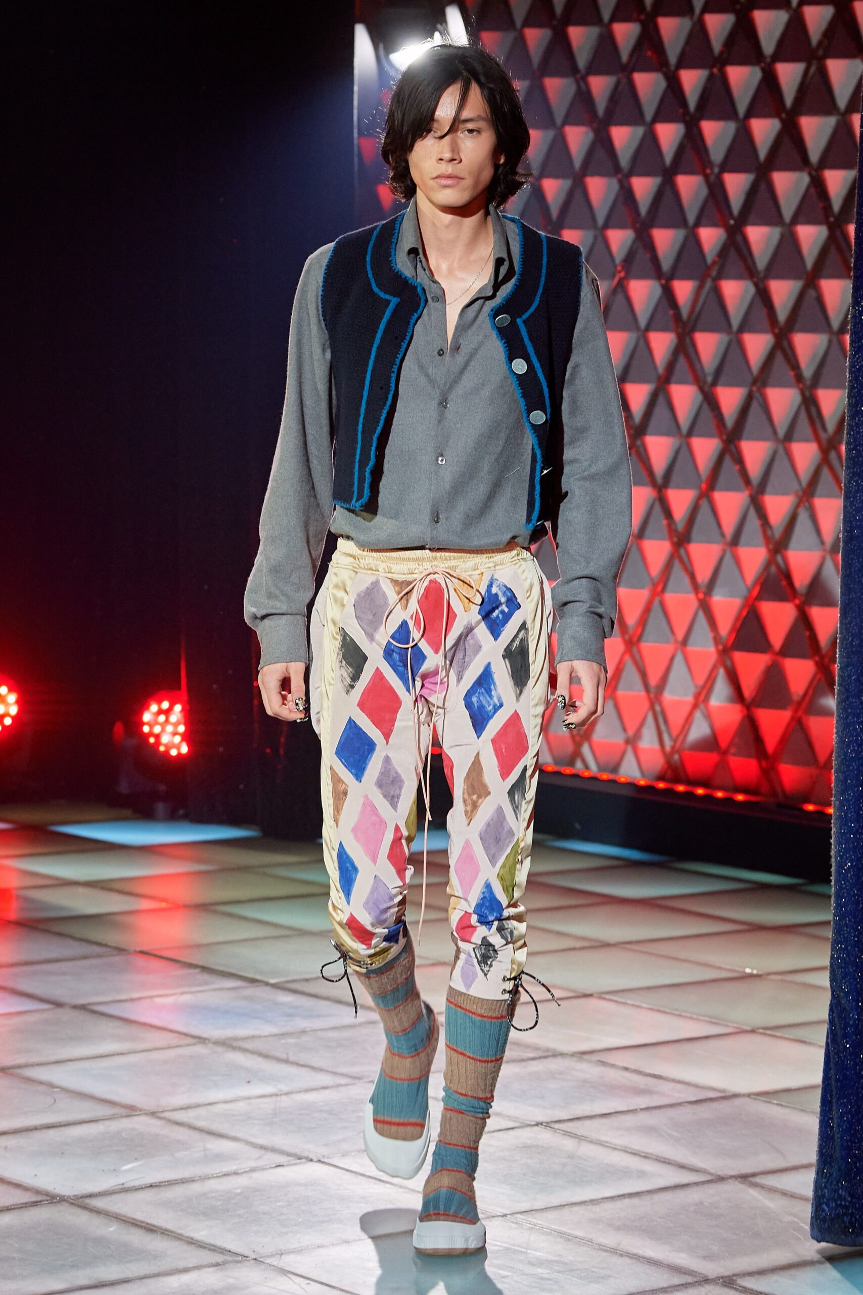 gray relaxed shirt with multi pants