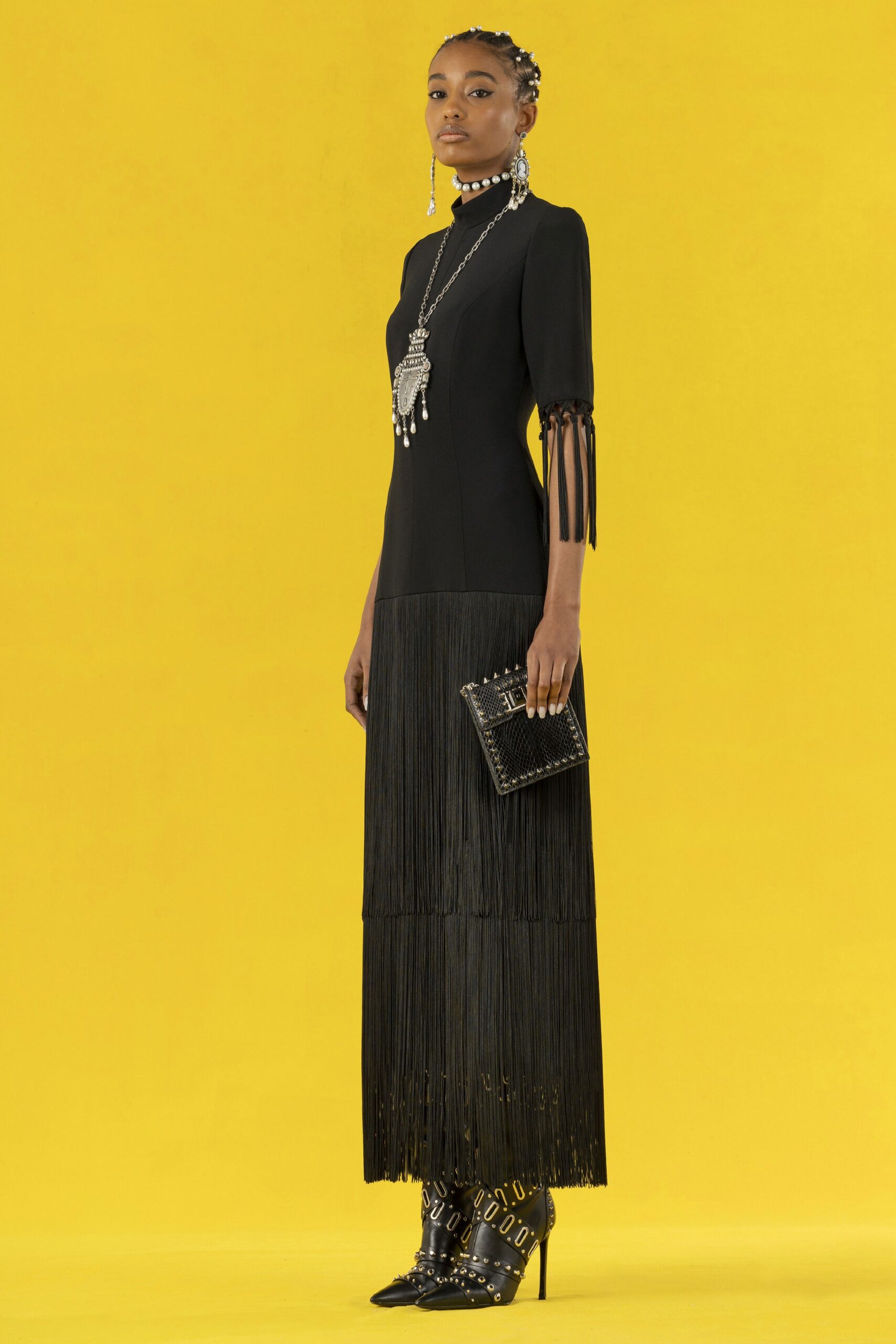 black fringed maxi dress