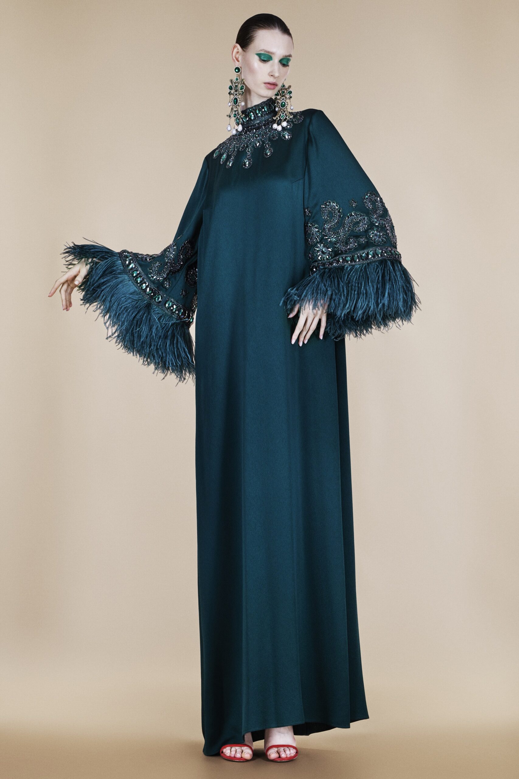 teal silk embroidered gown