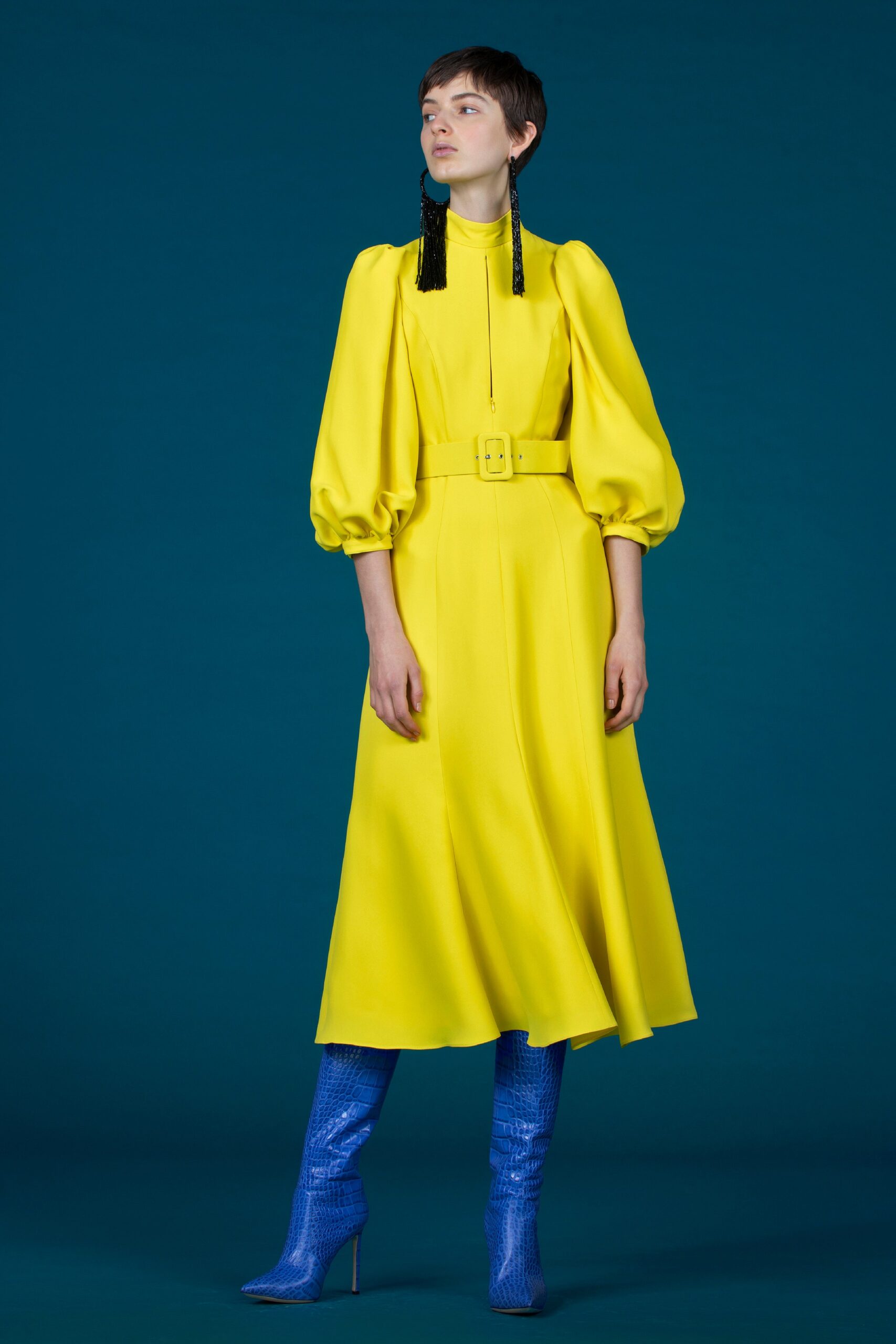 yellow belted midi dress with blue boots