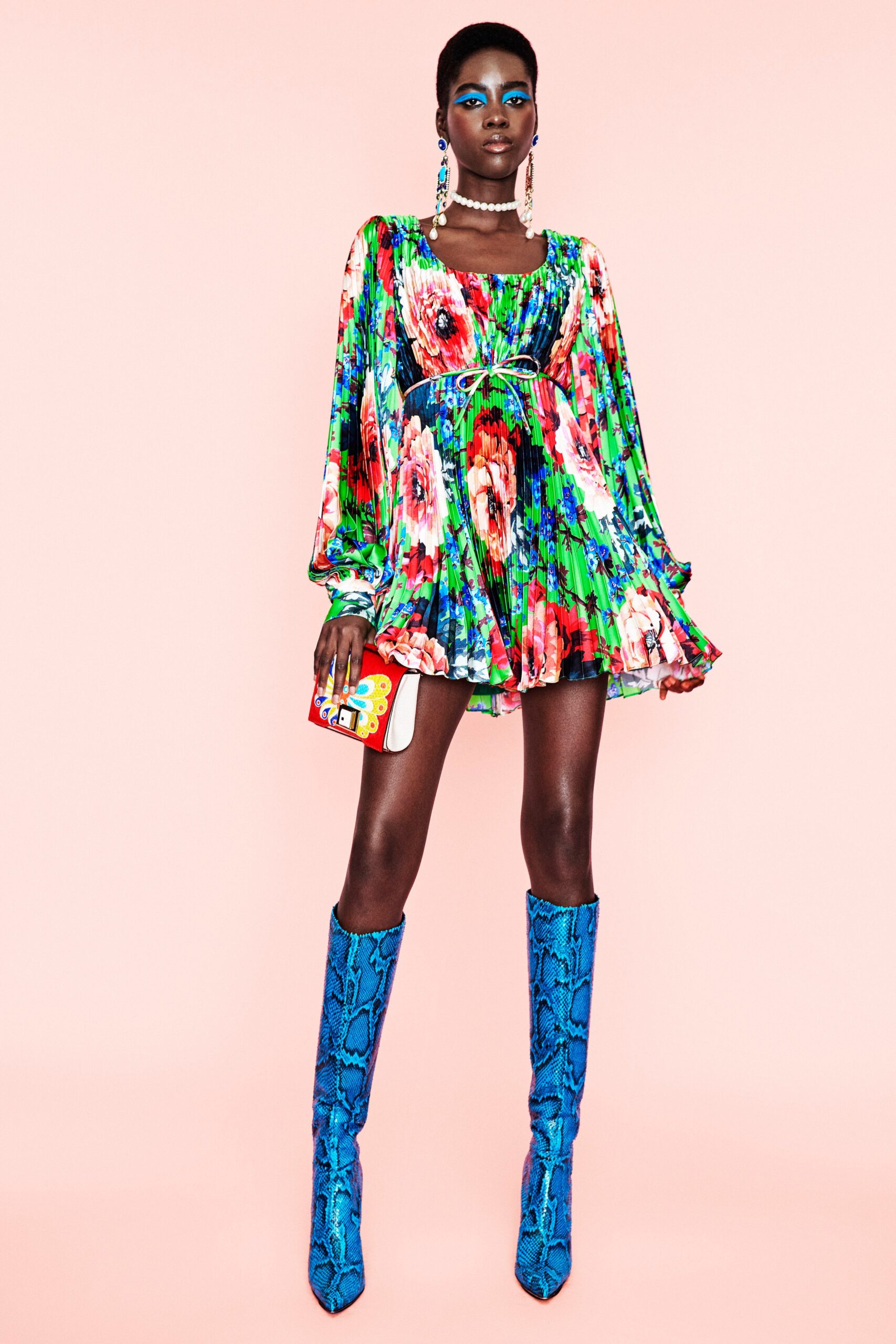 green silk long-sleeve square-neck fitted floral flared dress