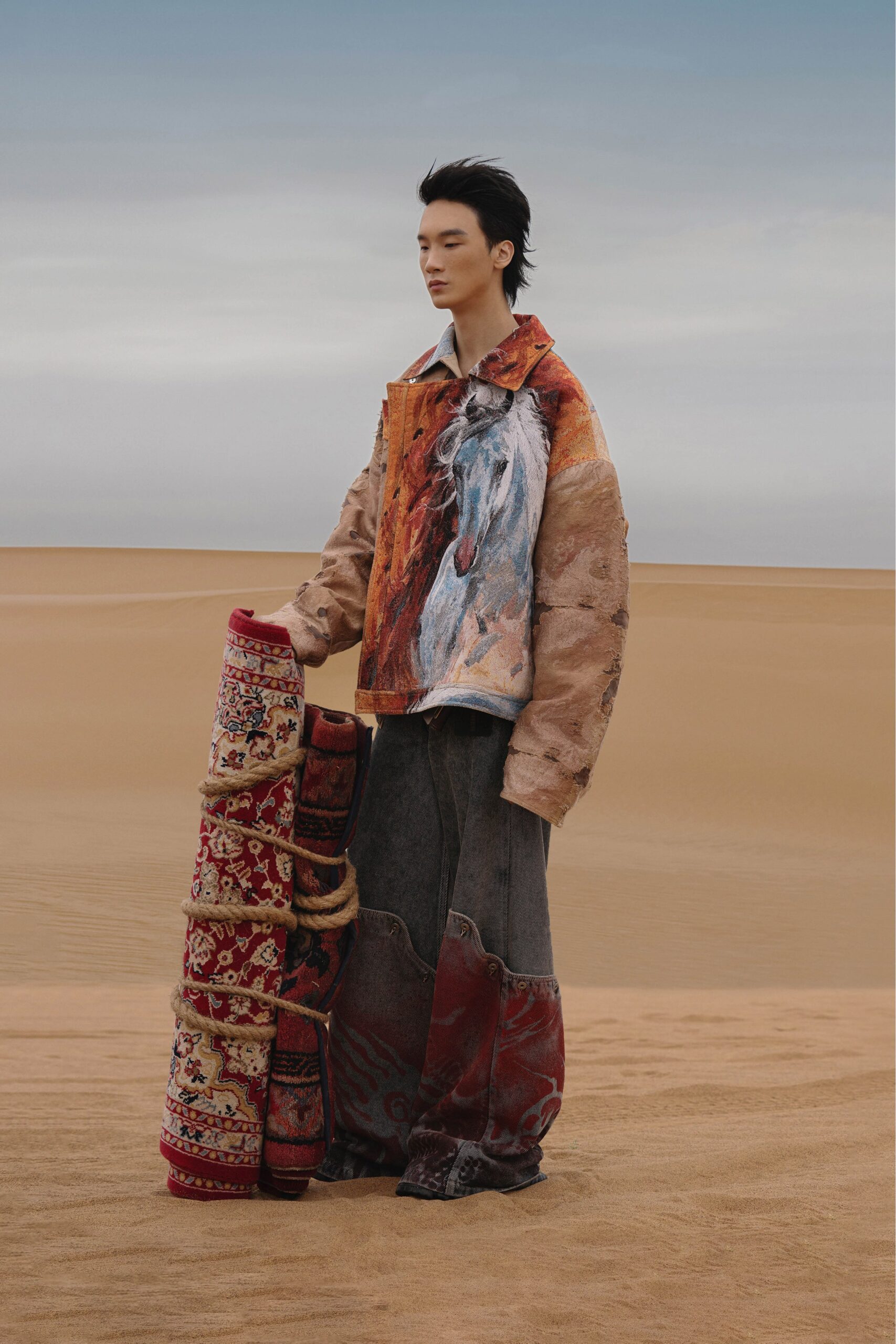 multi denim relaxed wide-leg layered pants