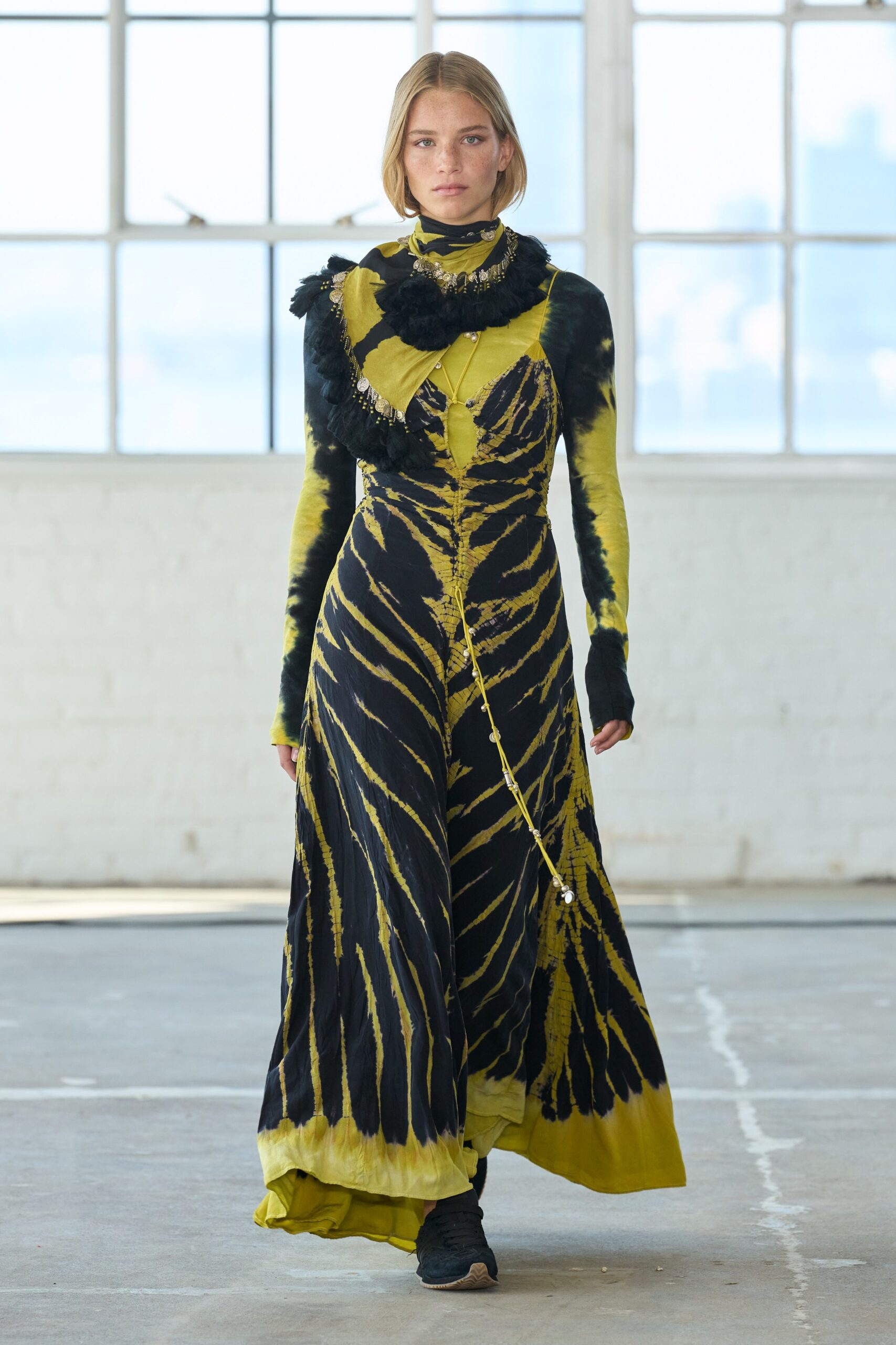 black and yellow flowing maxi dress