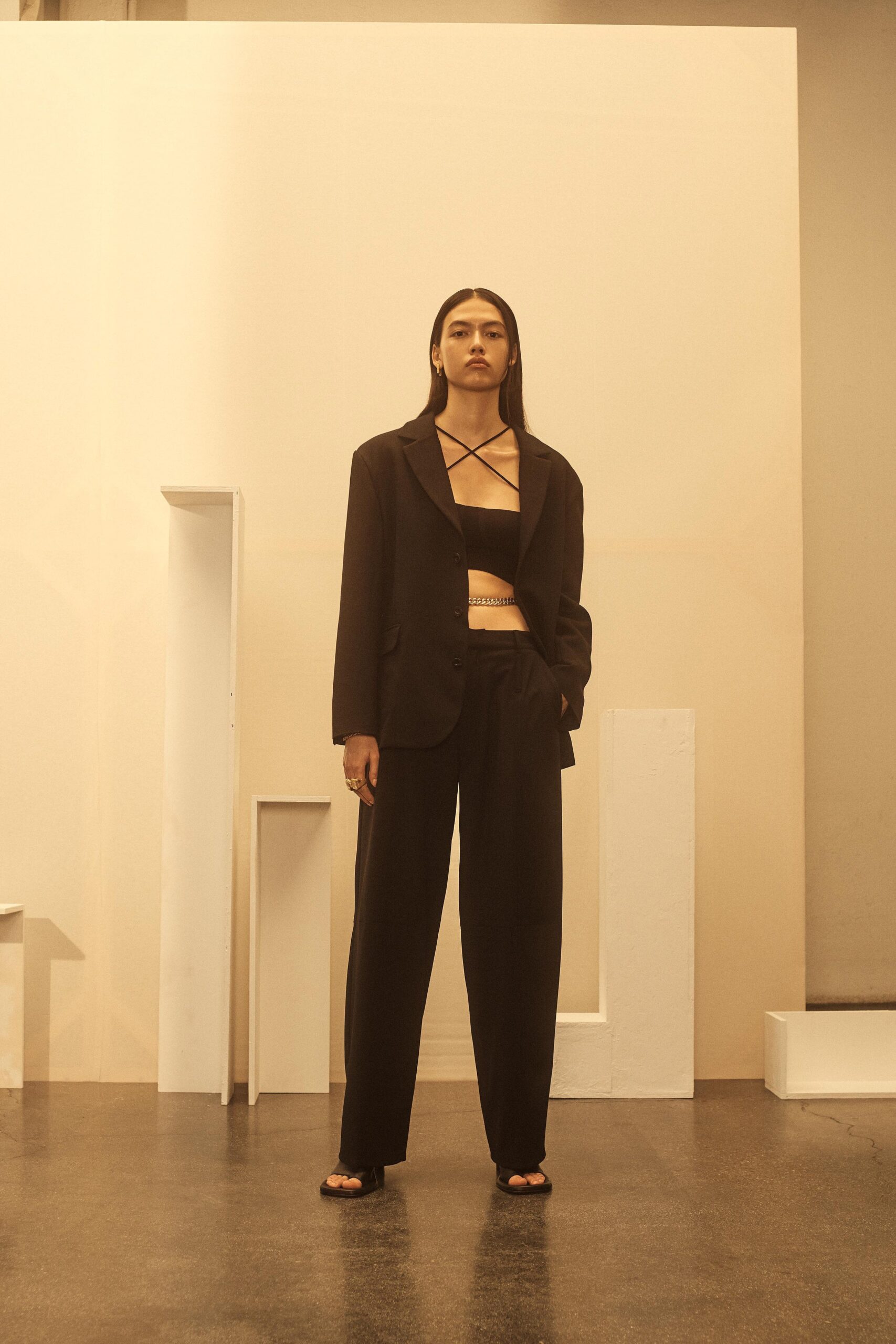 black tailored blazer and fitted top