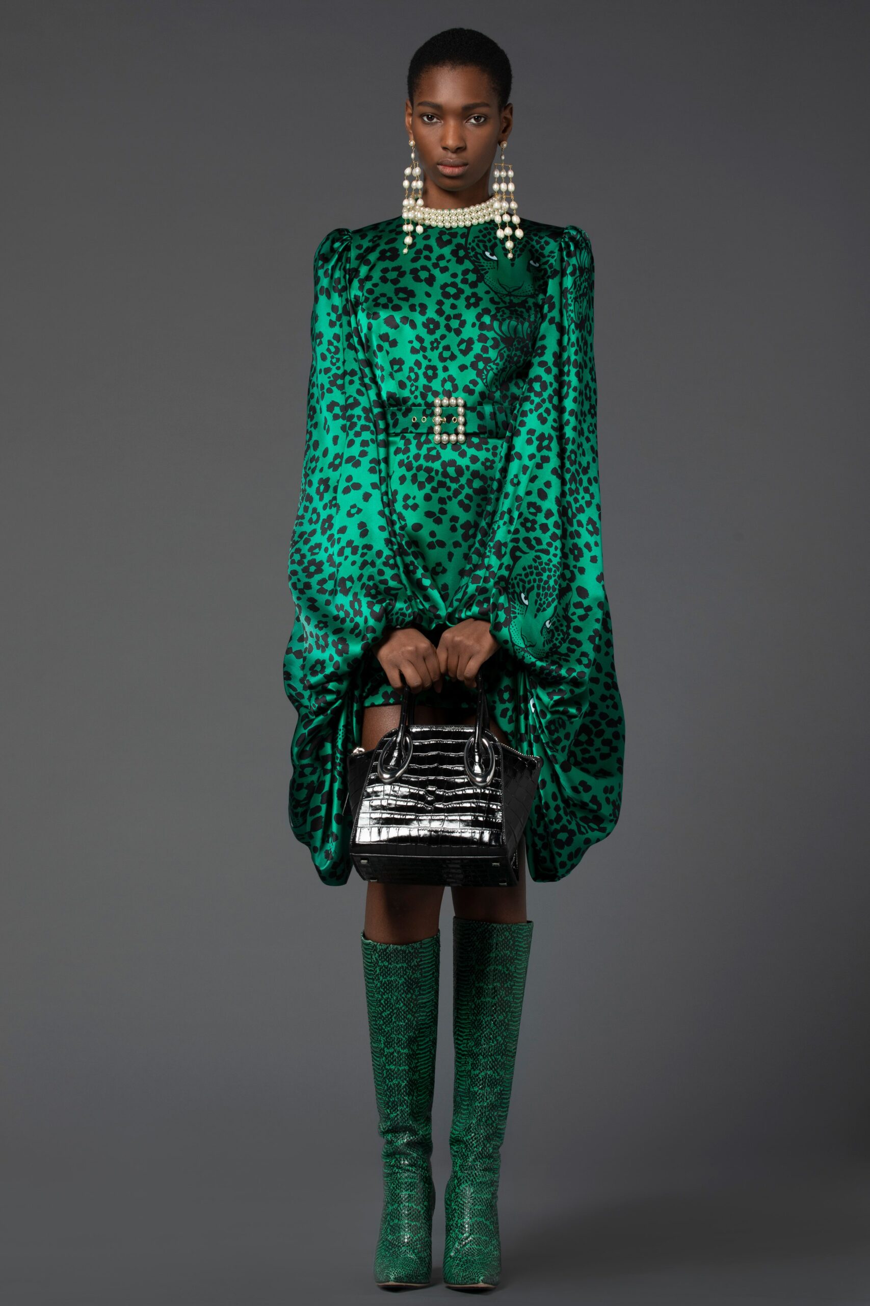 green silk long-sleeve high-neck fitted animal-print belted dress