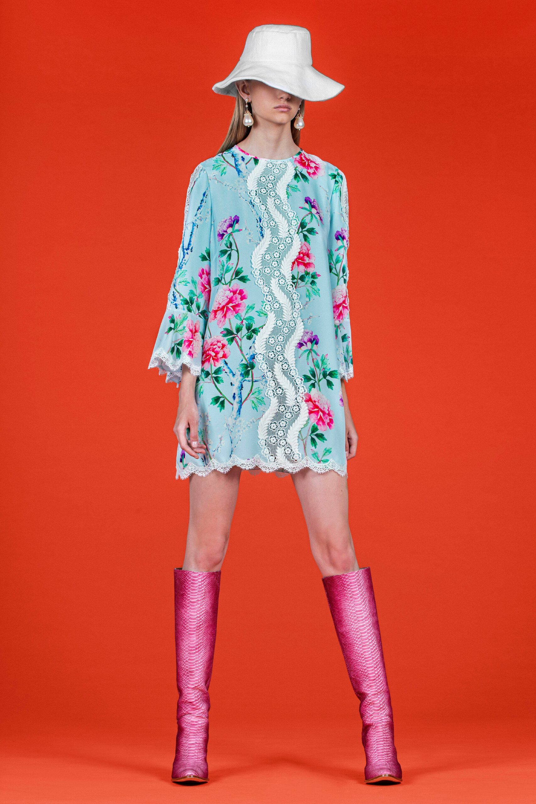 blue cotton long-sleeve collared fitted floral embroidered dress