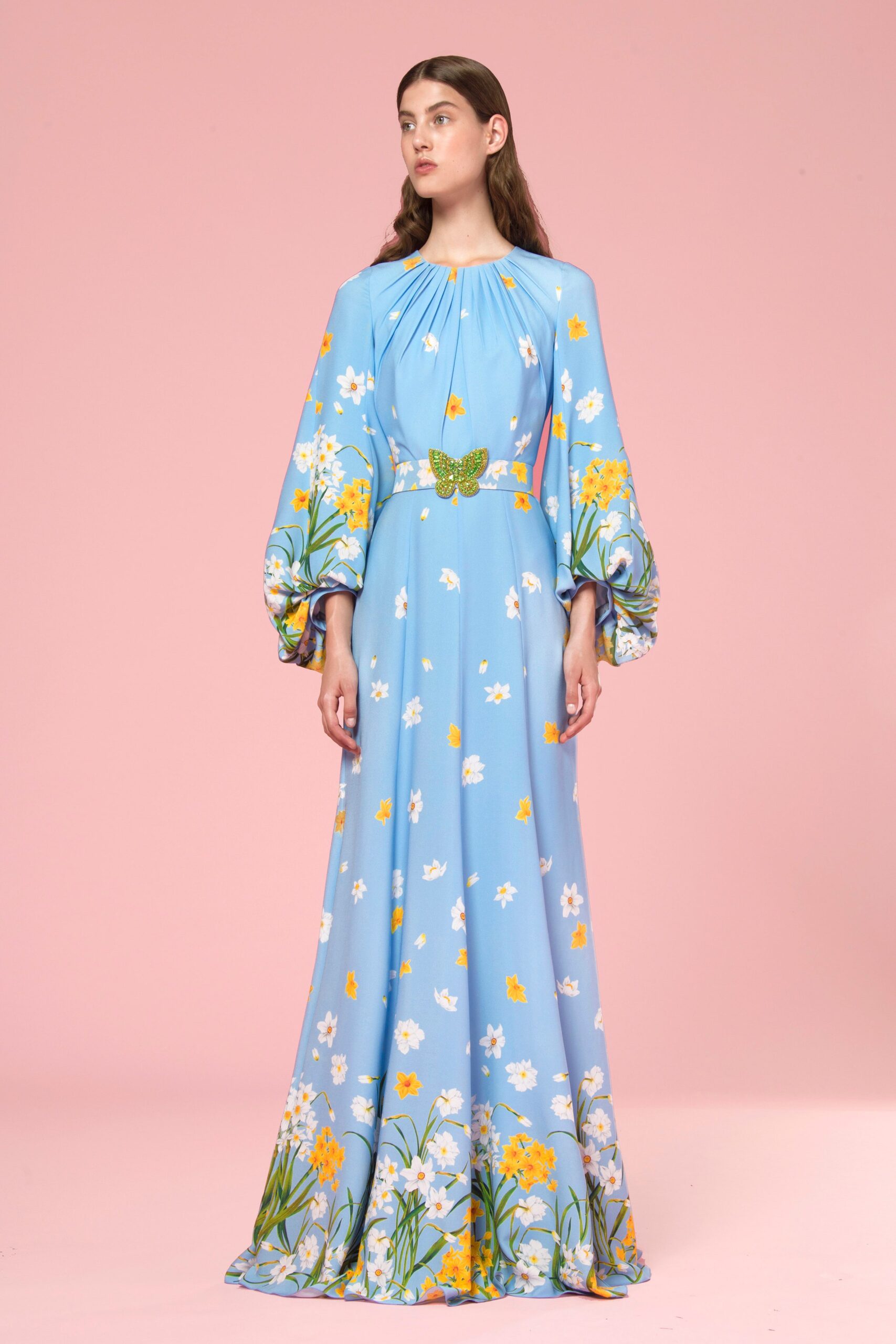 blue silk pleated gown