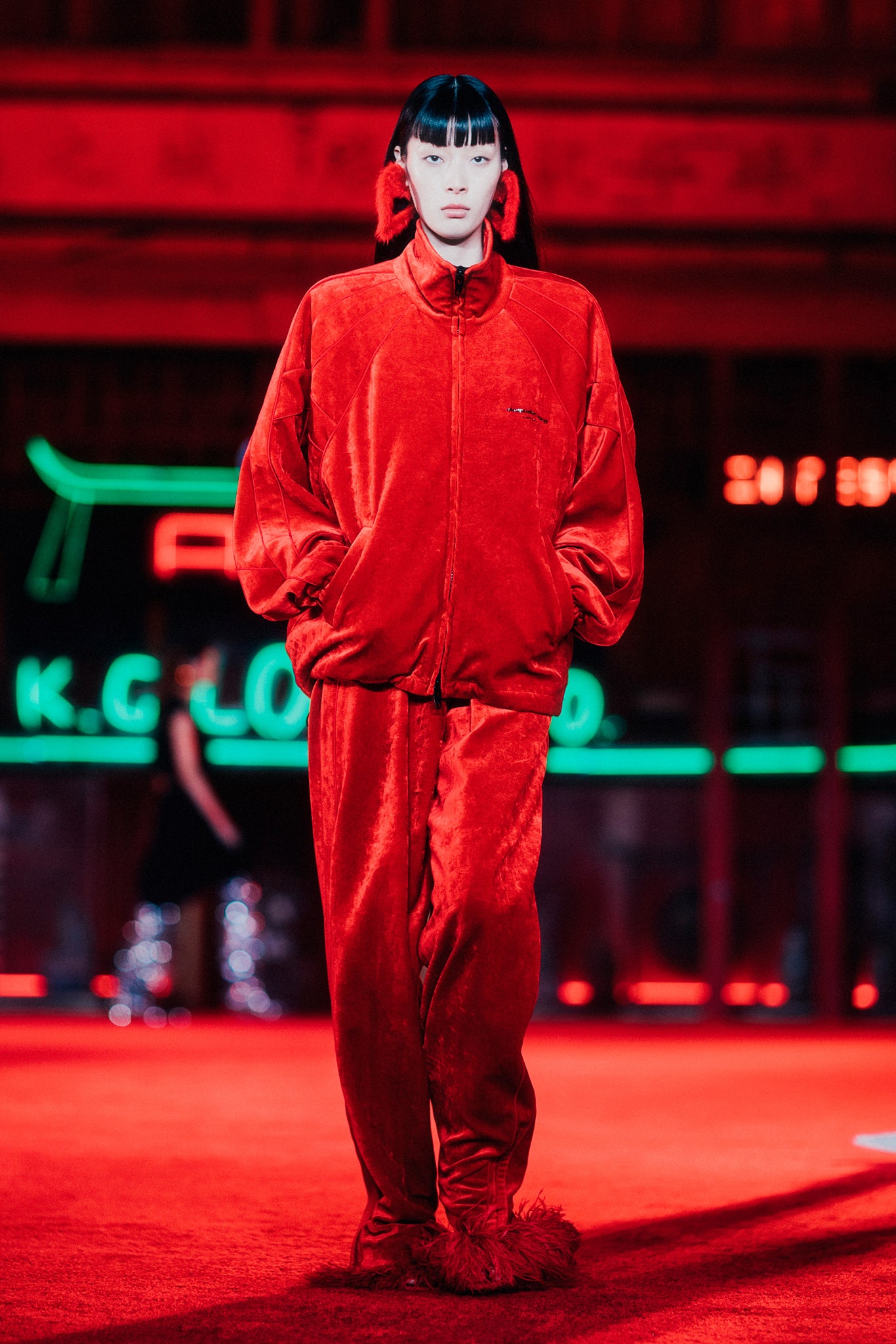 red velvet long-sleeve collared relaxed zippered jacket