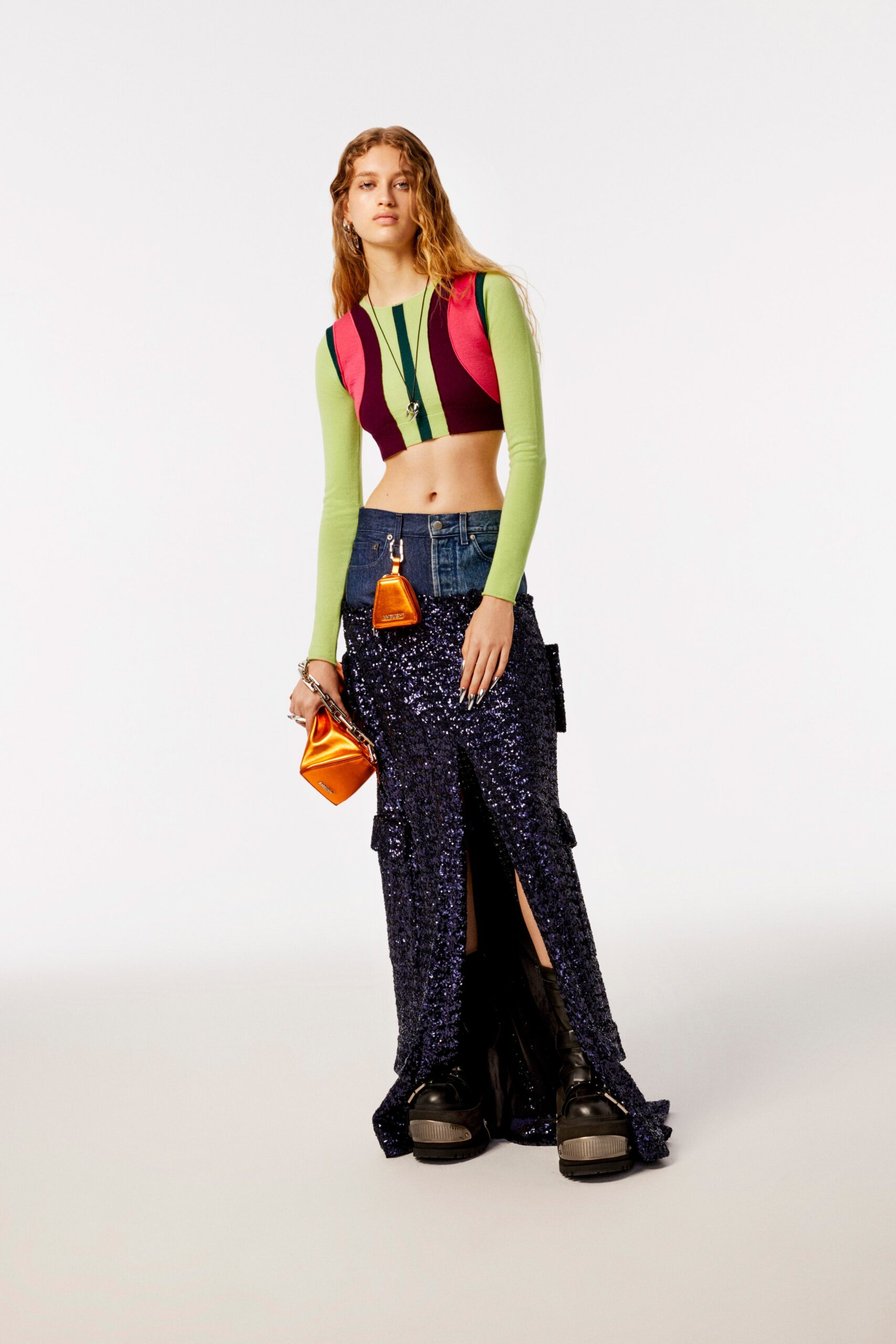 color-blocked crop-top and sequin skirt