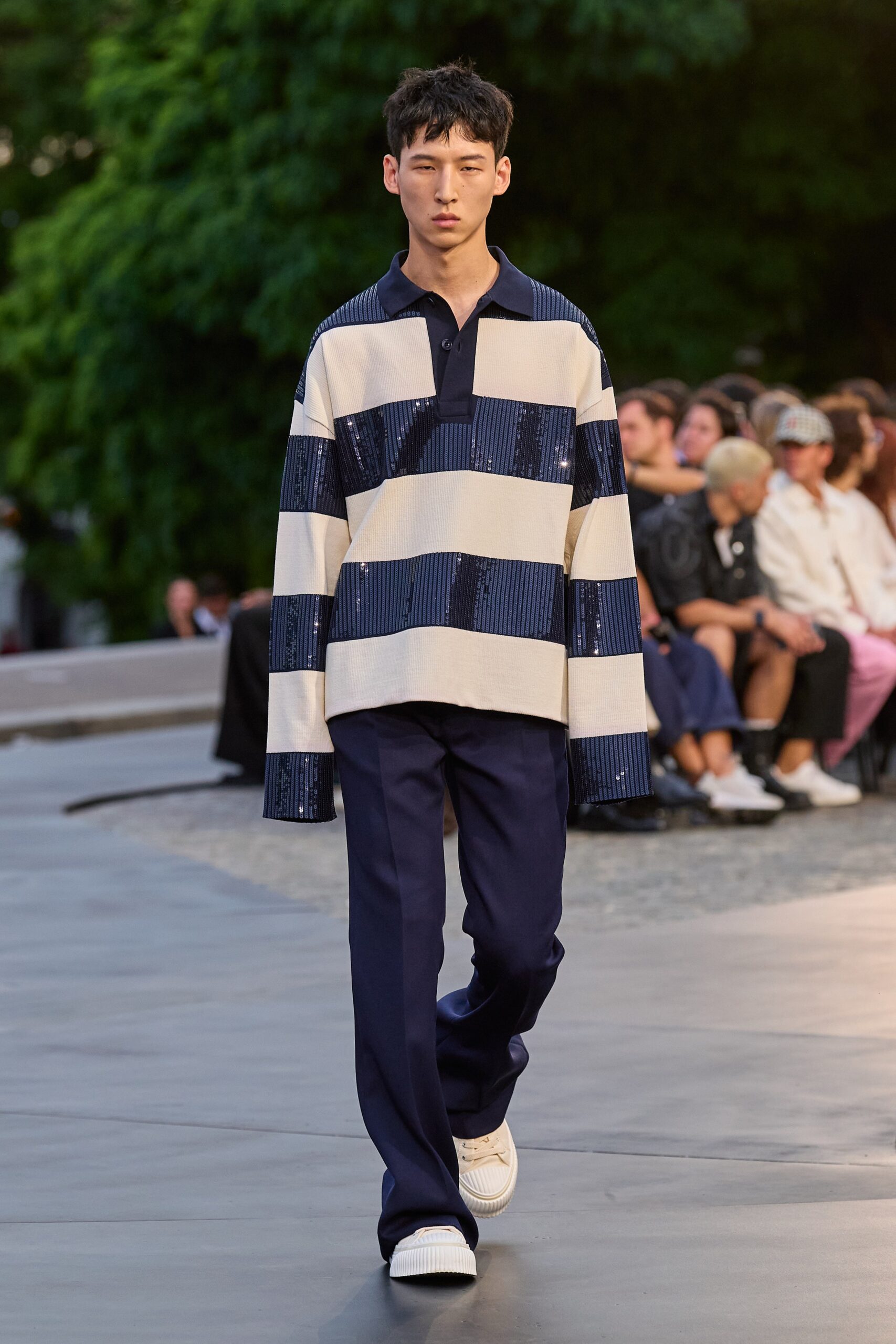 relaxed striped shirt with navy pants