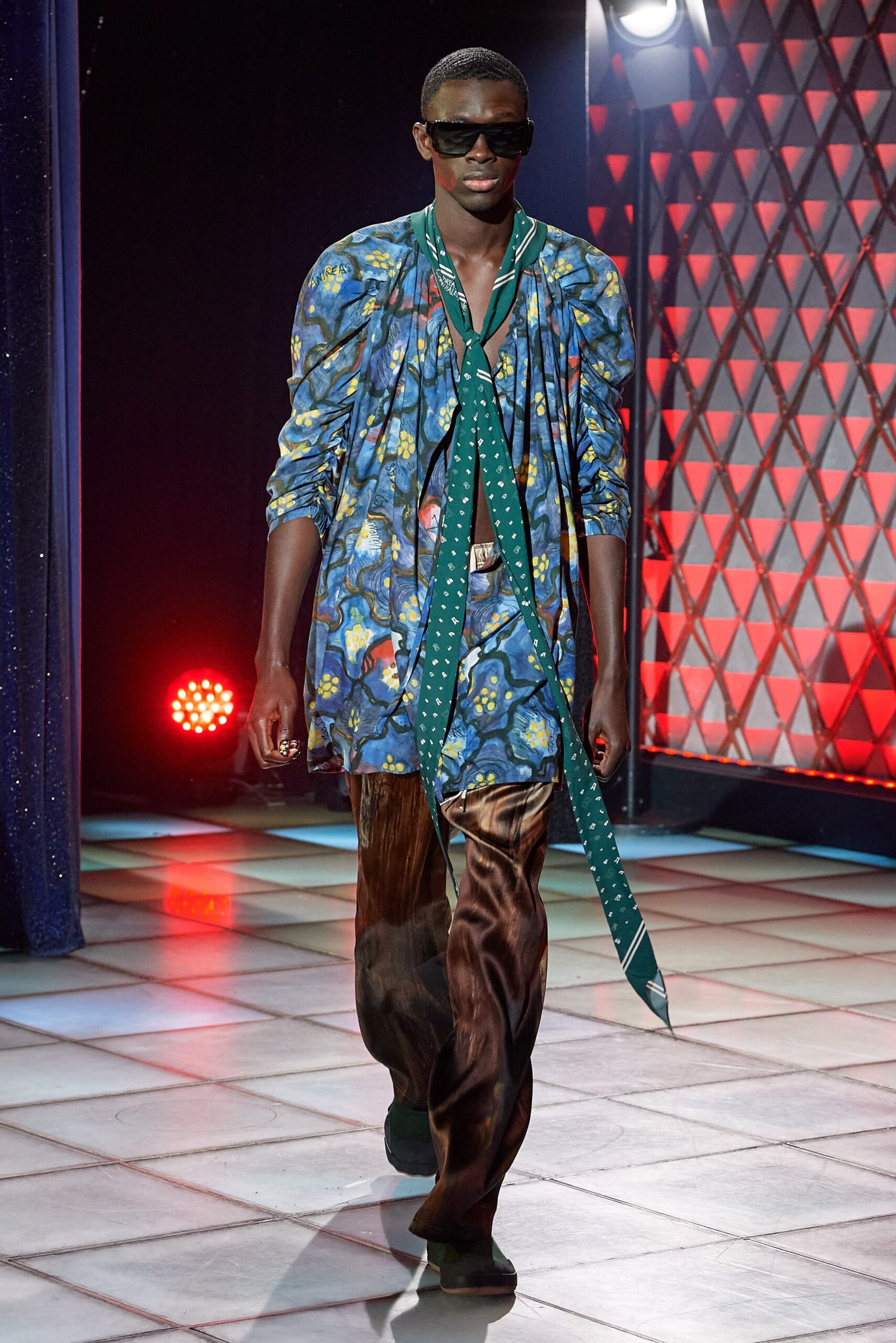 printed silk shirt with flared pants