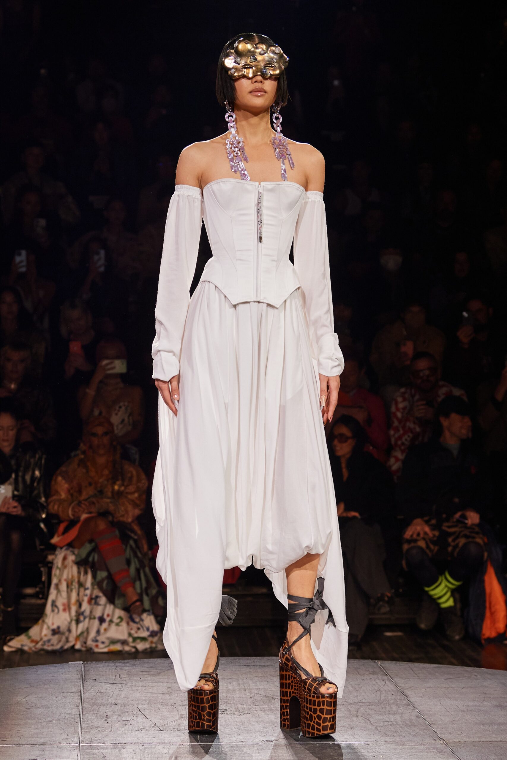 white off-shoulder midi dress with corset