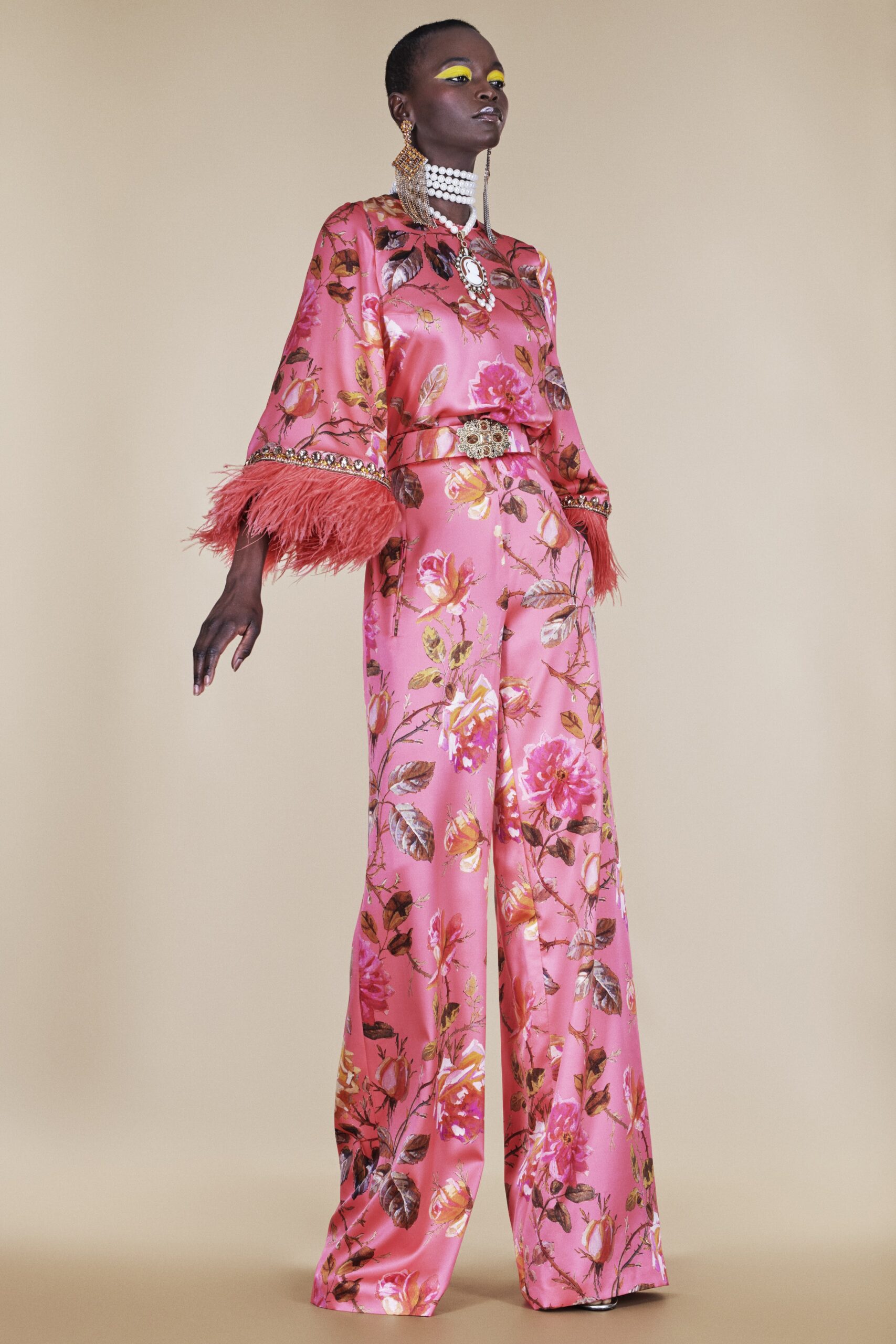 pink floral silk jumpsuit