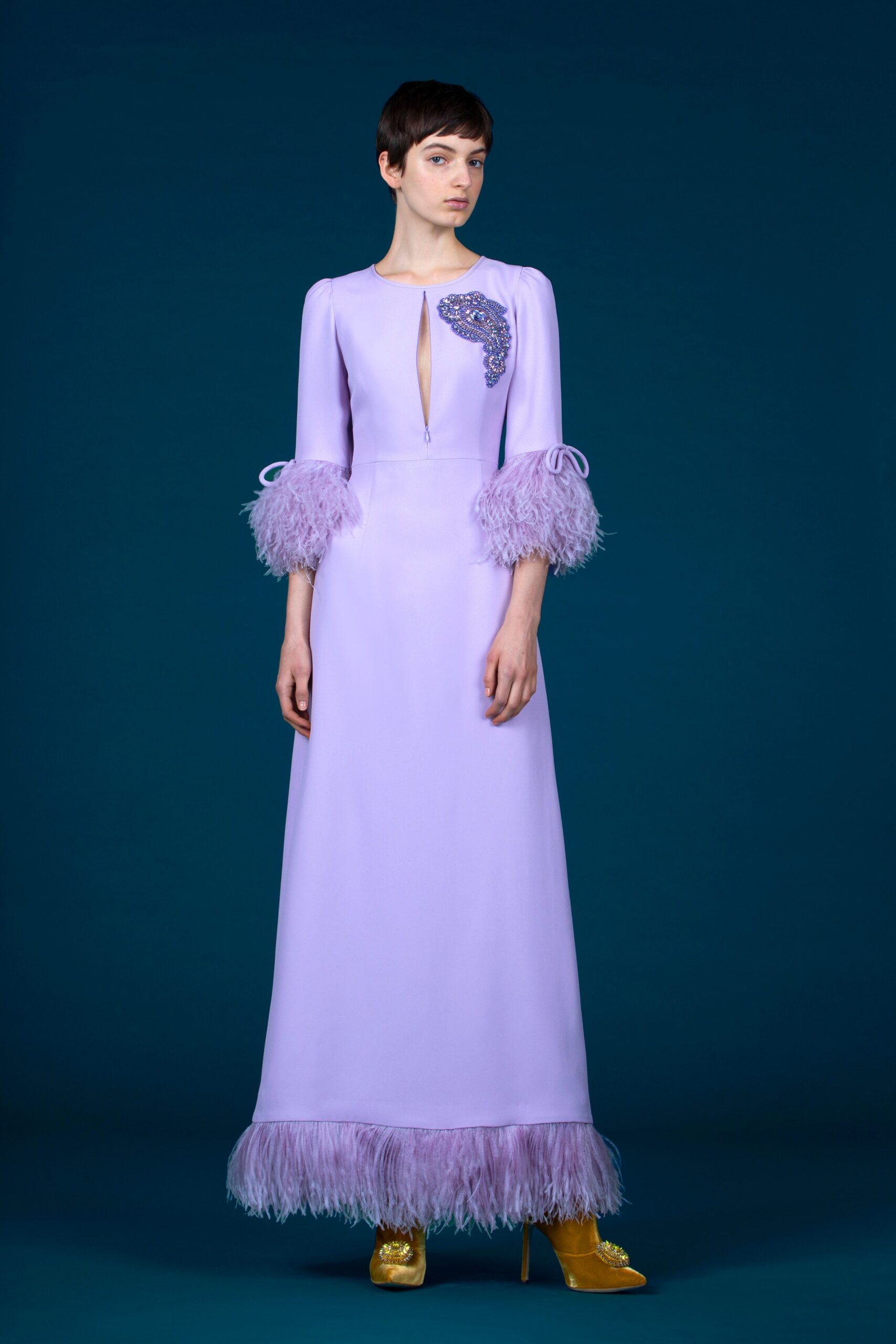 lavender silk gown with fringes