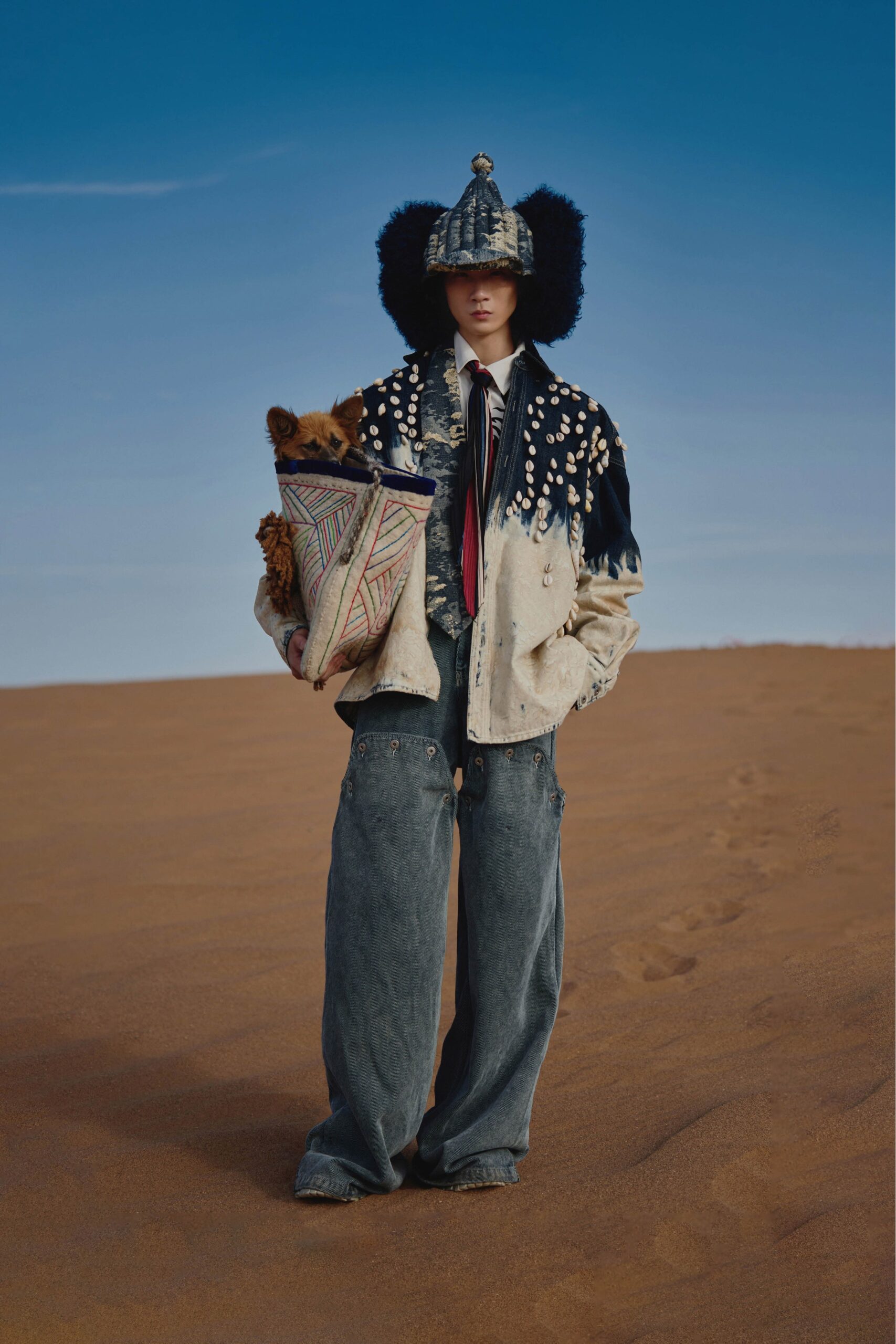 beige cotton long-sleeve collared relaxed embroidered layered jacket