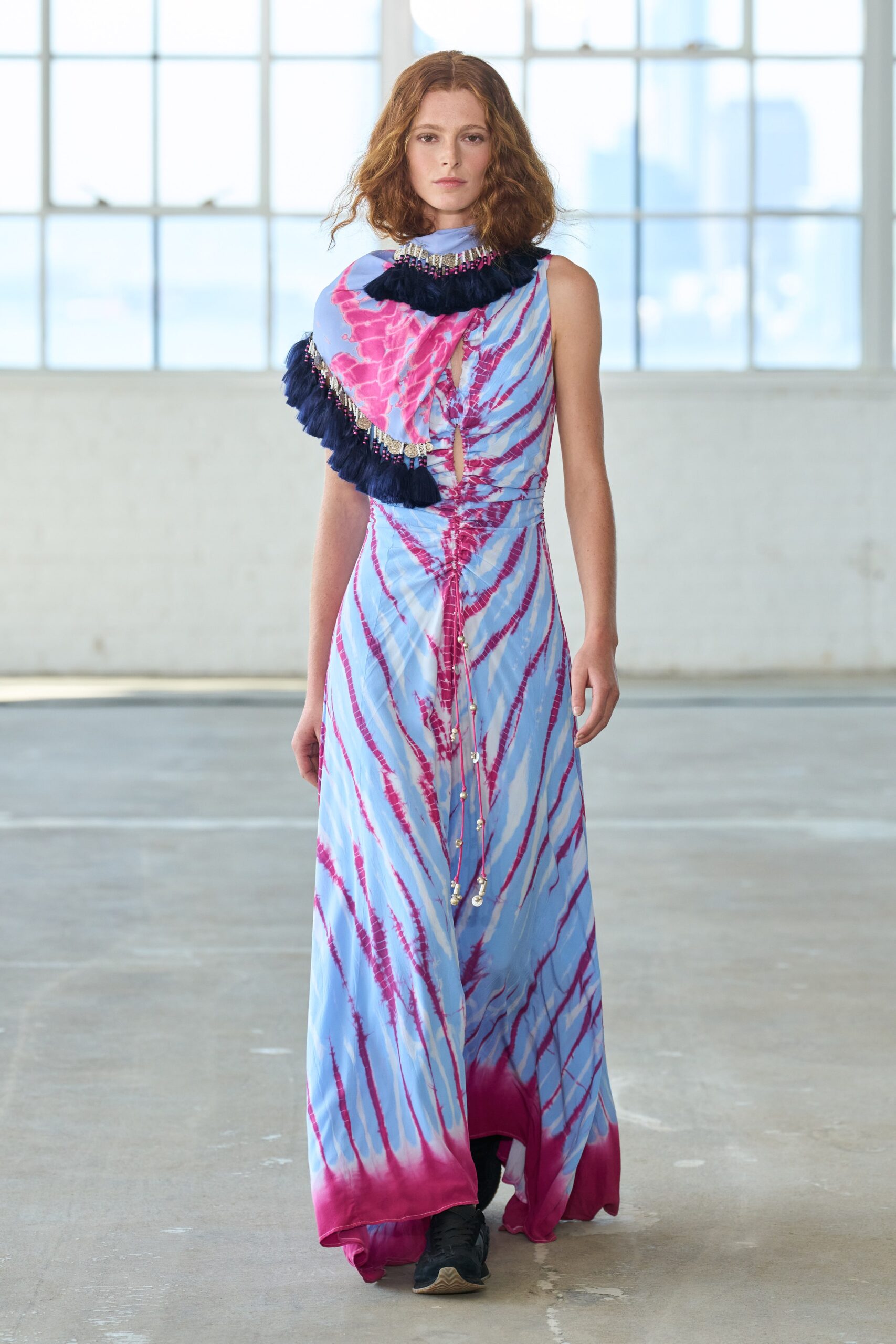 blue and pink flowing maxi dress