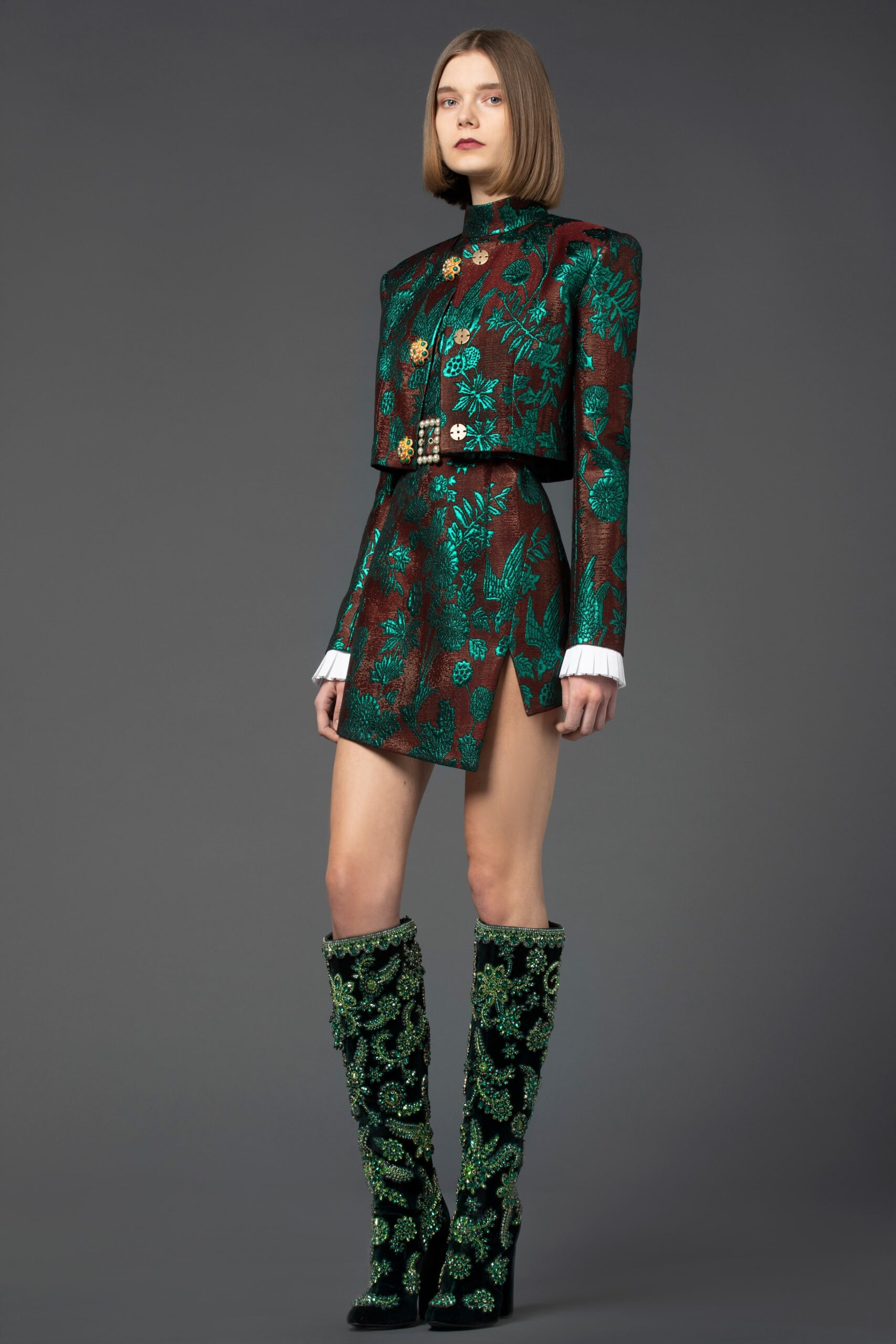 embroidered red and green jacket with mini skirt