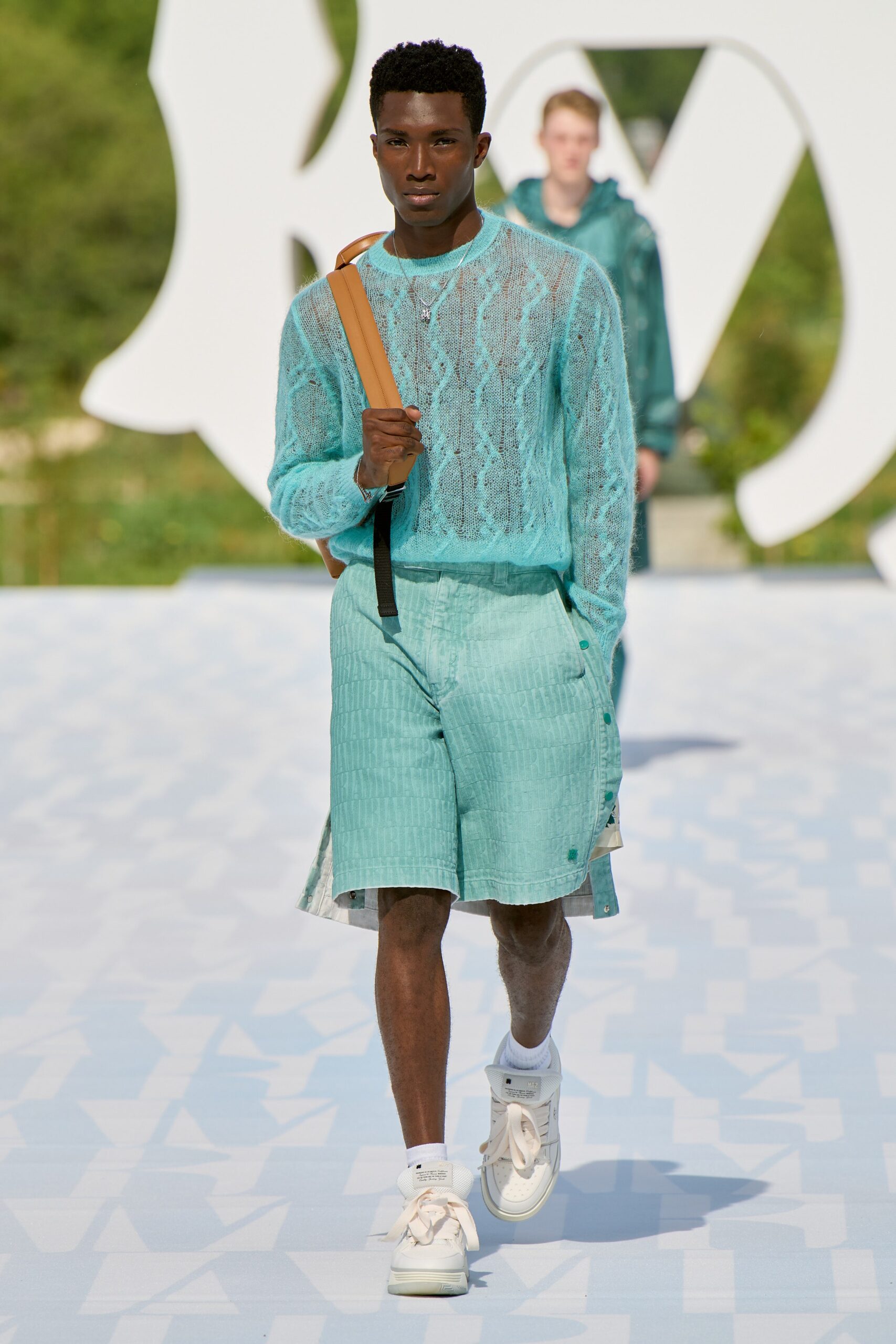 teal knit sweater and shorts