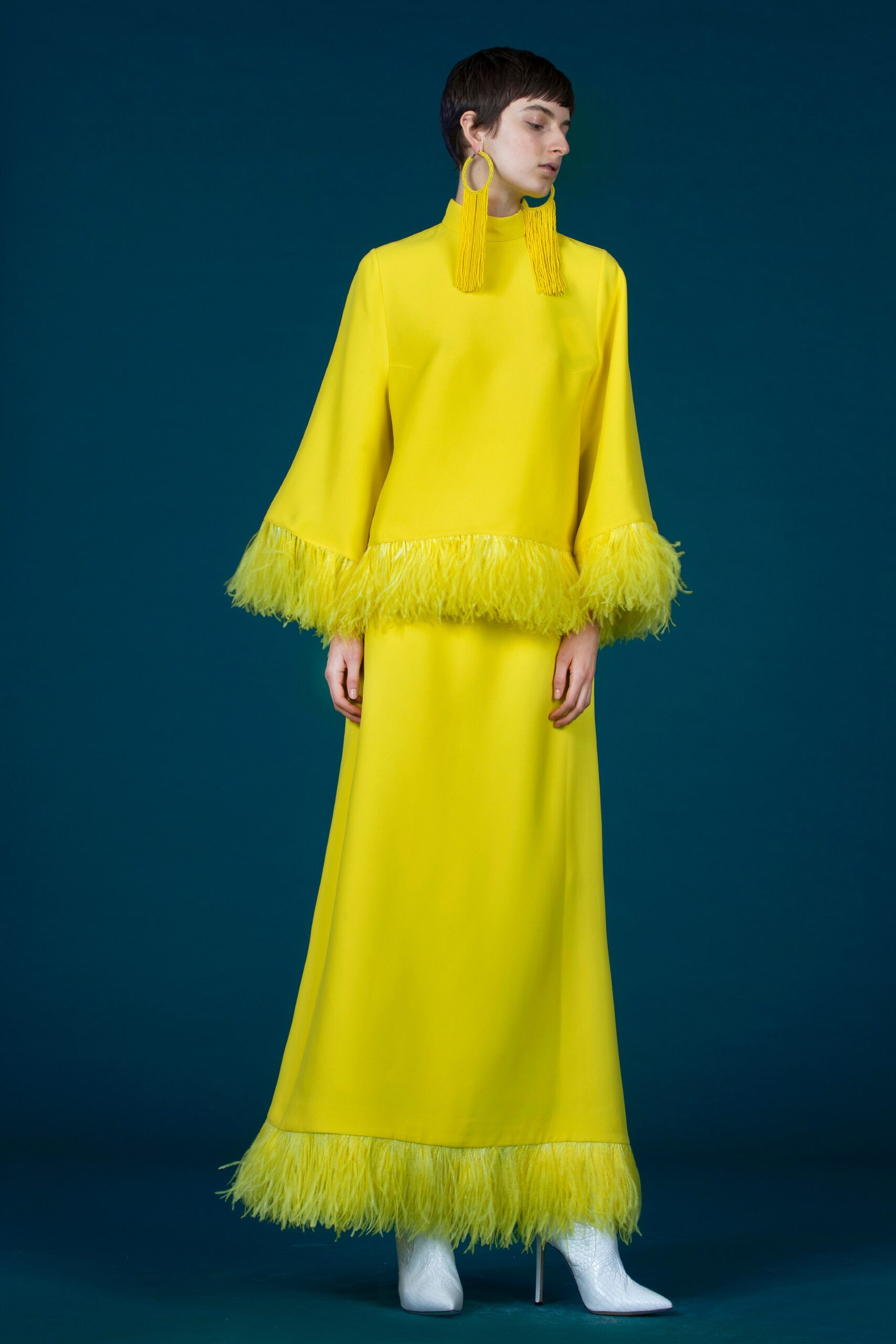 yellow silk fringed gown