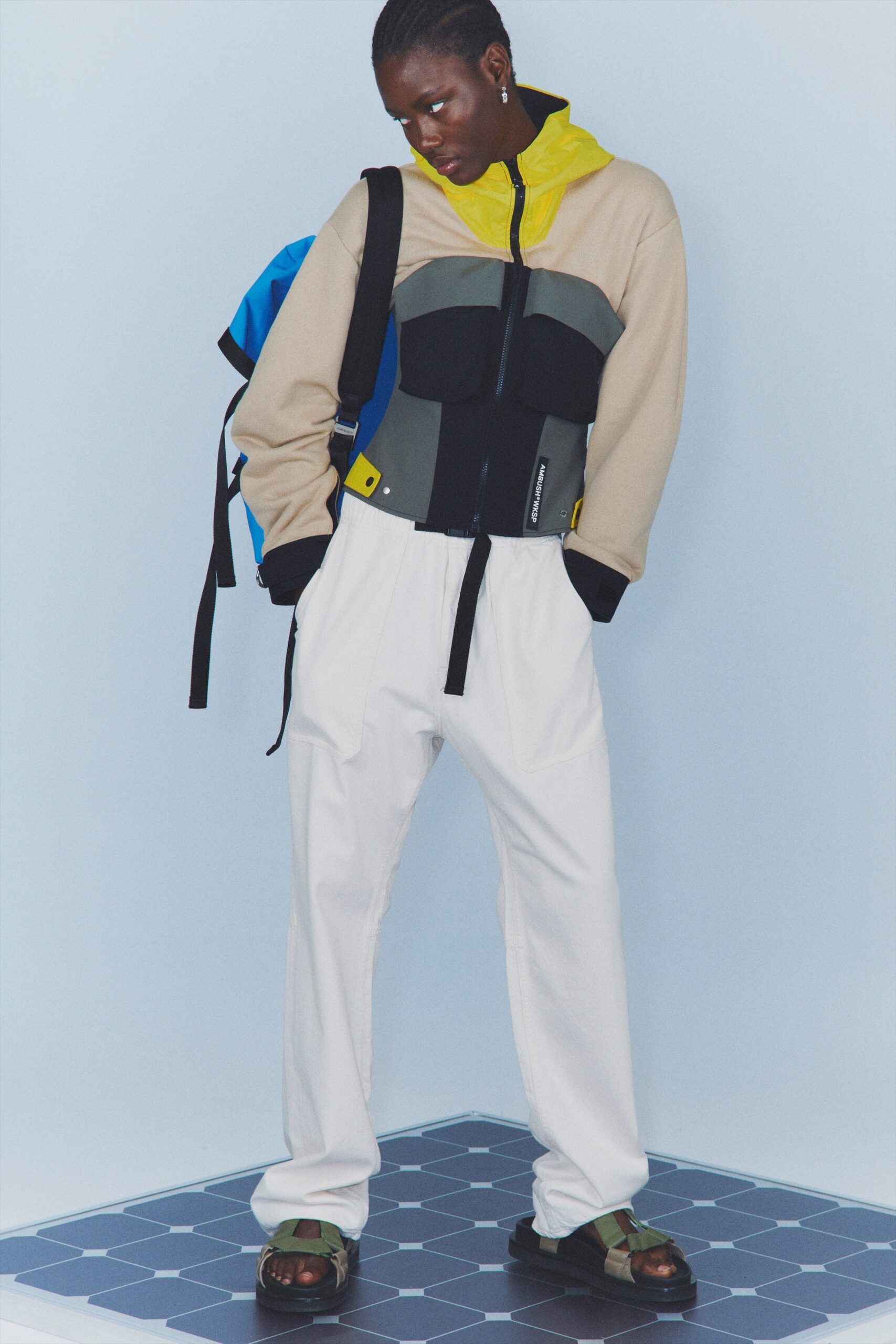 beige color-blocked fitted jacket