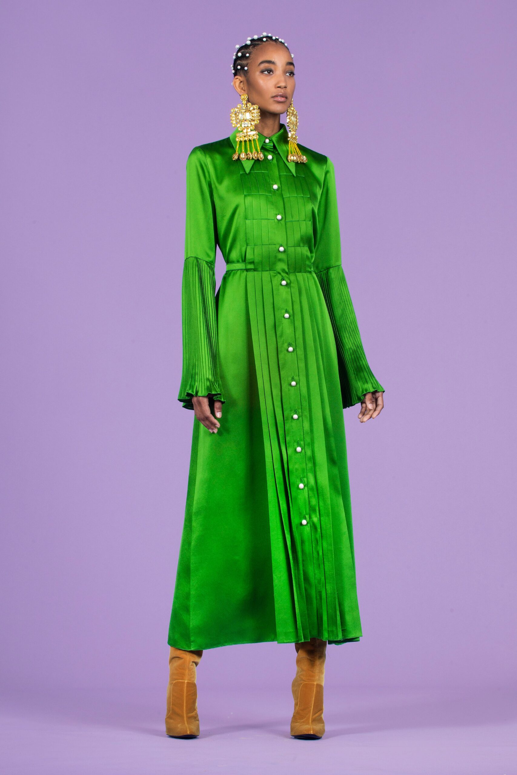 green silk pleated maxi dress