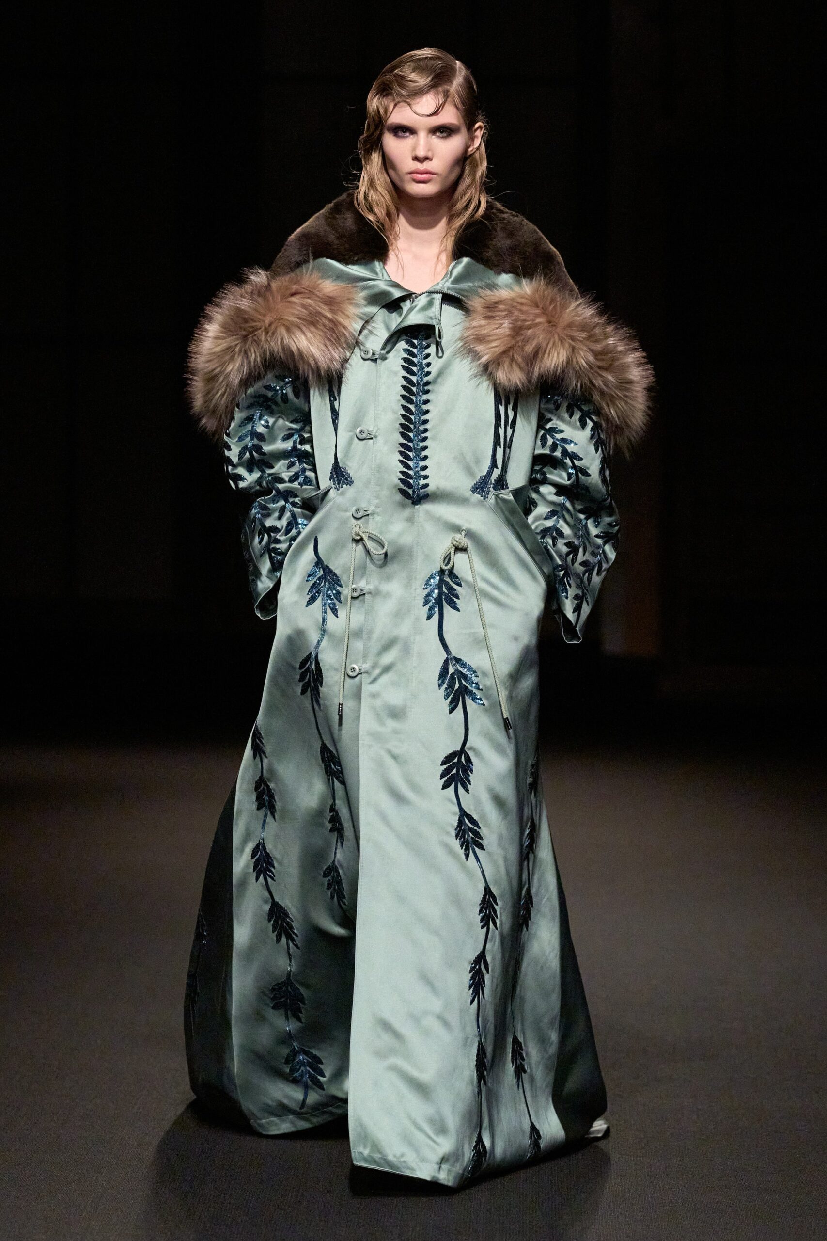 embroidered silk maxi coat