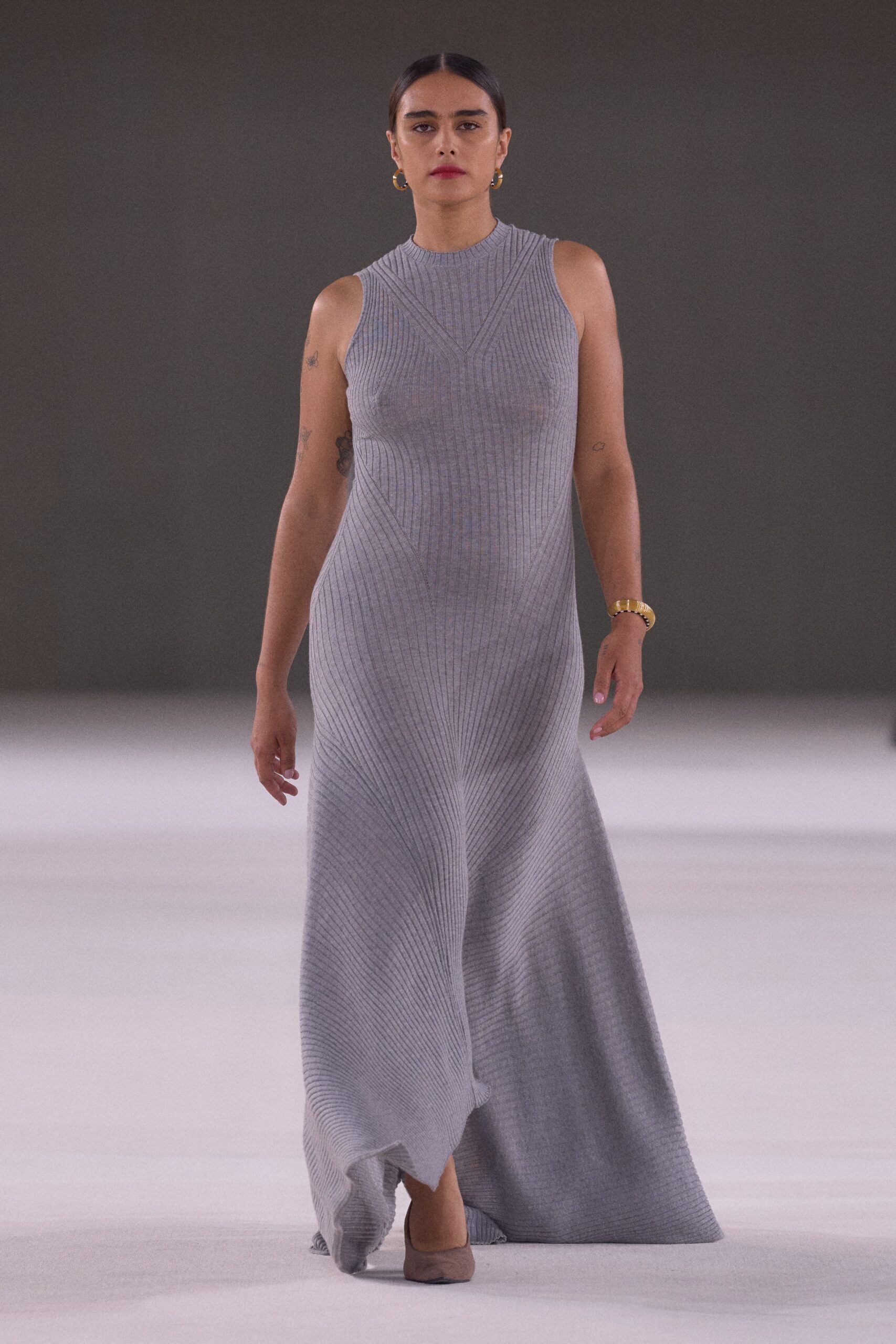 fitted gray knit maxi dress