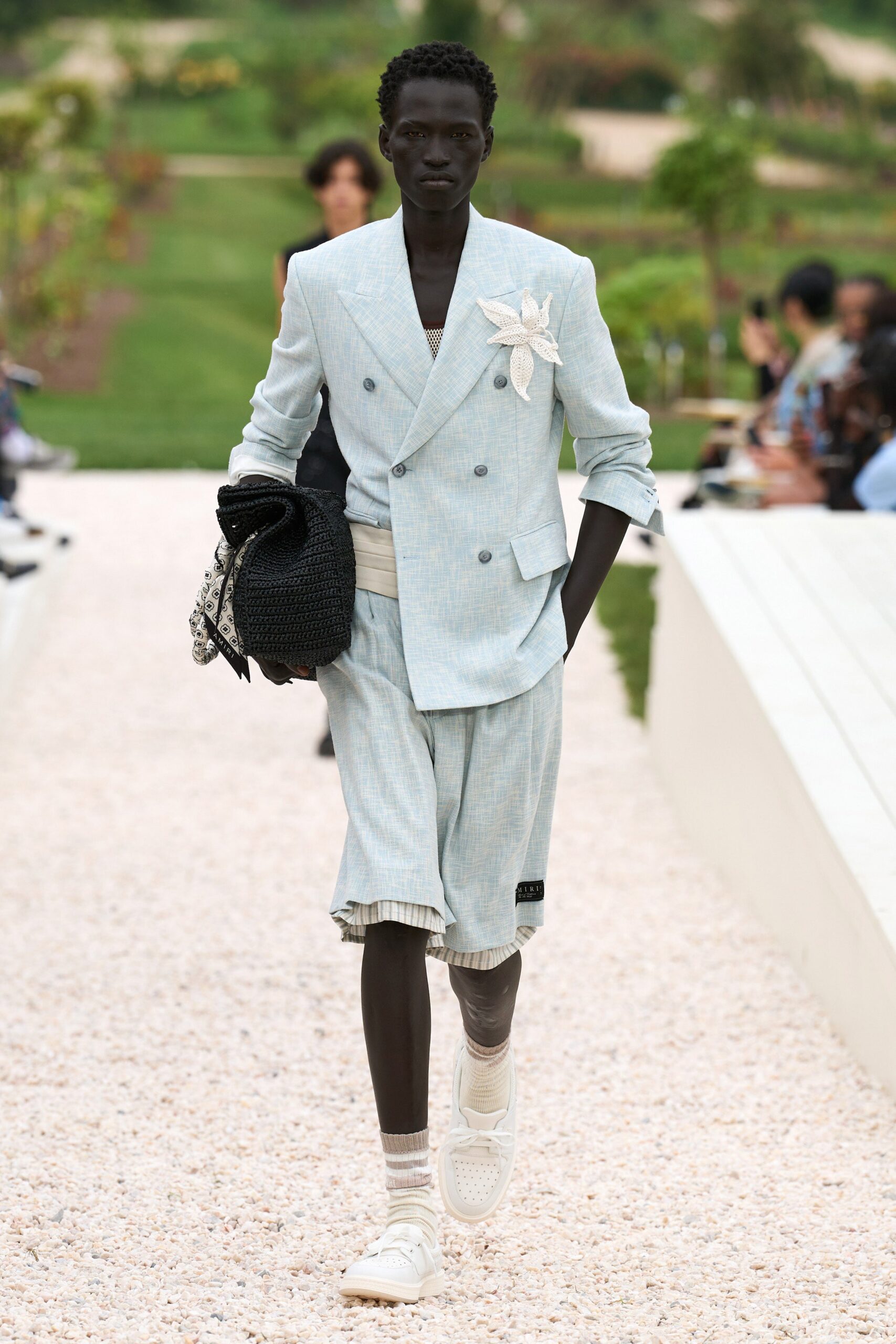 blue tailored suit with shorts