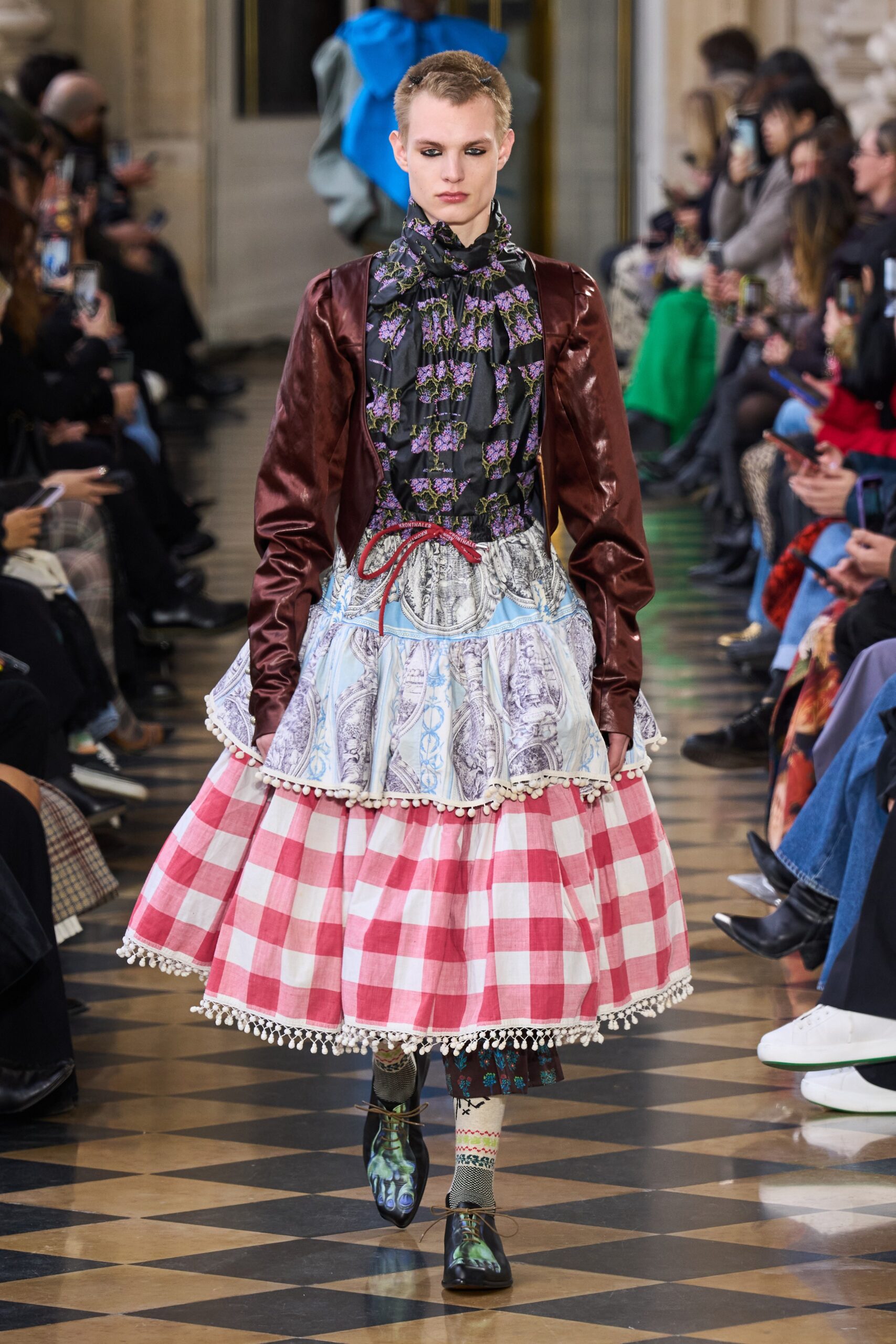 multi-tiered skirt with blouse and jacket