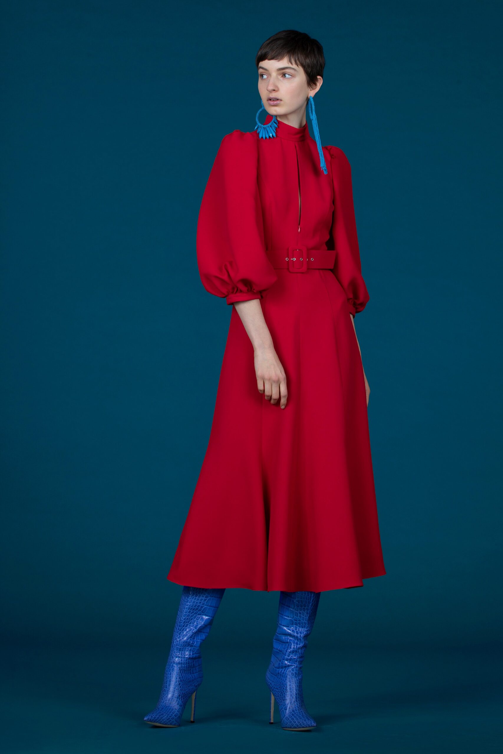 red midi dress with blue boots