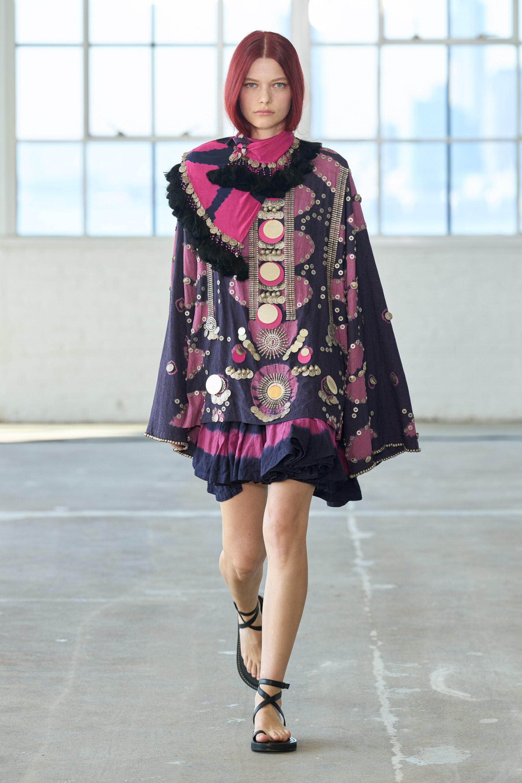 purple cotton sleeveless collared relaxed embroidered fringed poncho