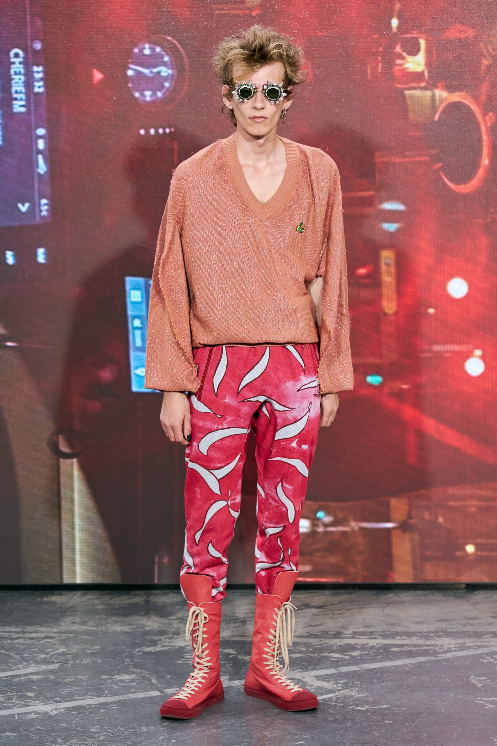 pink silk top with printed pants